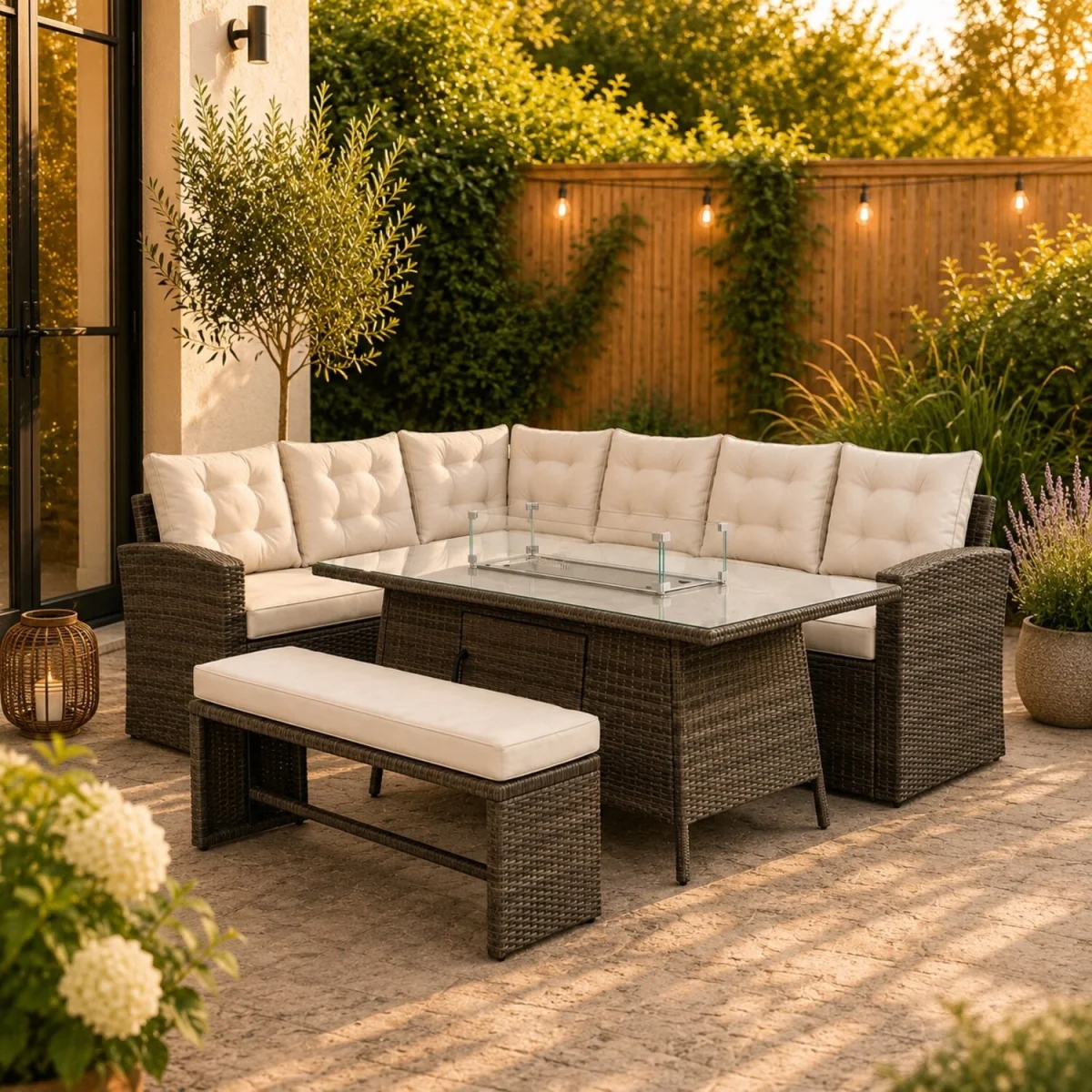 Piana 9 Seat Rattan Corner Sofa with Firepit Table and Bench - Brown & Cream – image 3