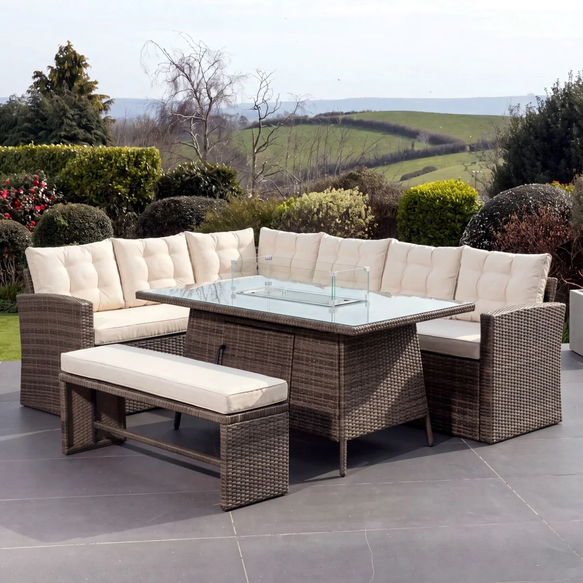 Piana 9 Seat Rattan Corner Sofa with Firepit Table and Bench - Brown & Cream – image 1