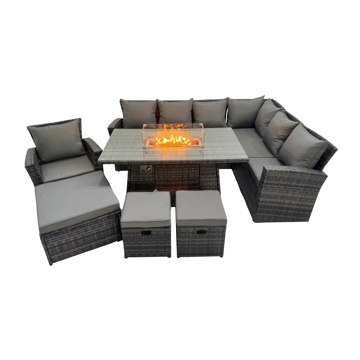 Fimous 7-Piece Rattan Corner Sofa Set with Gas Fire Pit Dark Grey - Dark grey mixed – image 1