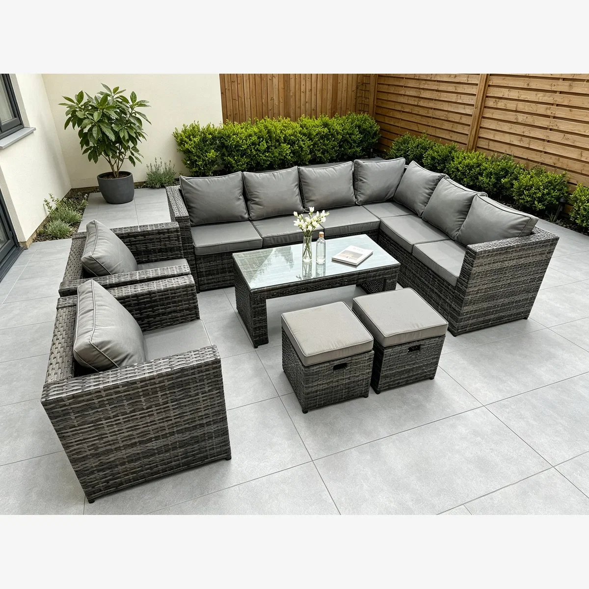 Fimous 10-Seater Rattan Corner Sofa Set with Coffee Table & Stools - Dark Grey