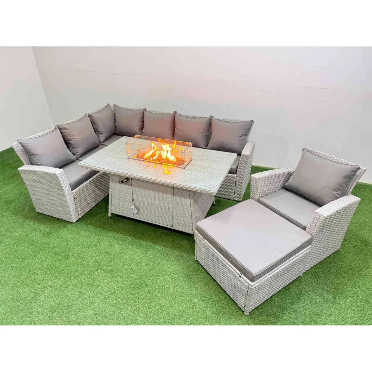 Fimous 8-Seater Rattan Corner Sofa Set with Gas Fire Pit Table Light Grey - Light Grey Mixed rattan with dark grey fabric – image 4