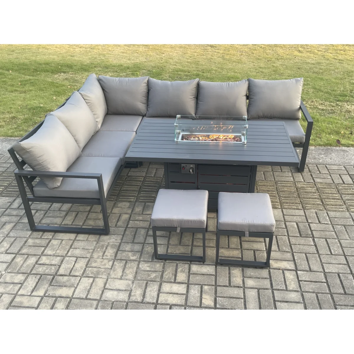 Fimous Aluminium Patio Corner Sofa Set with Gas Fire Pit Dining Table and 2 Stools Dark Grey - Dark Grey – image 2