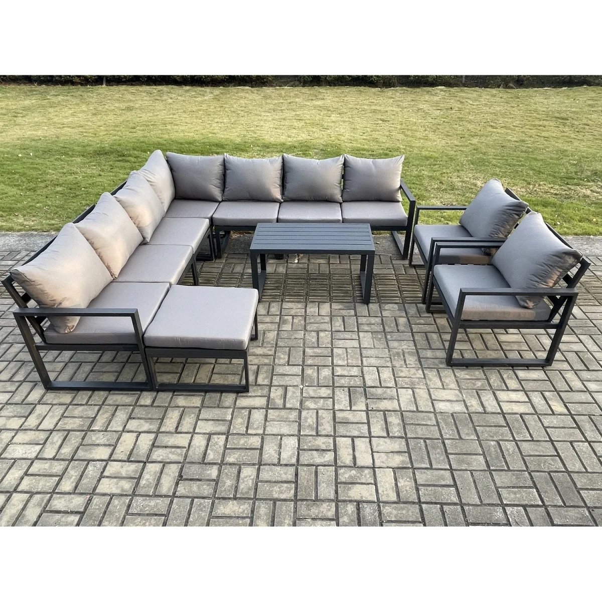 Fimous Aluminium Patio Corner Sofa Set with Oblong Coffee Table & Footstool, Dark Grey - Dark Grey – image 3