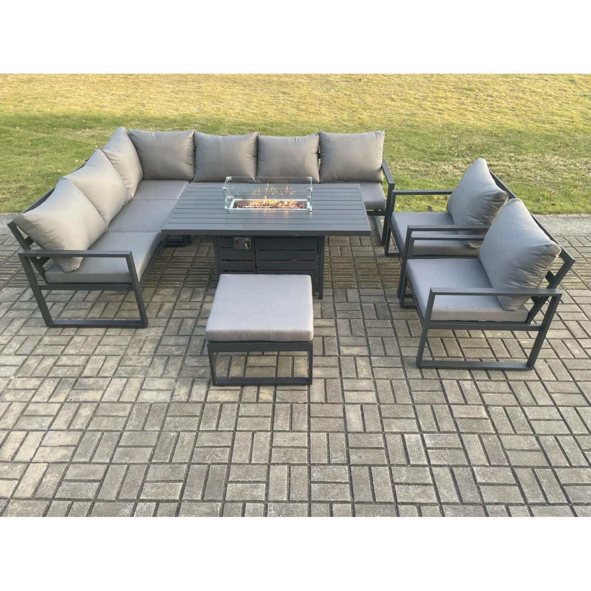 Fimous Aluminium 9-Seater Corner Sofa Set with Gas Fire Pit Dining Table Dark Grey - Dark Grey – image 2