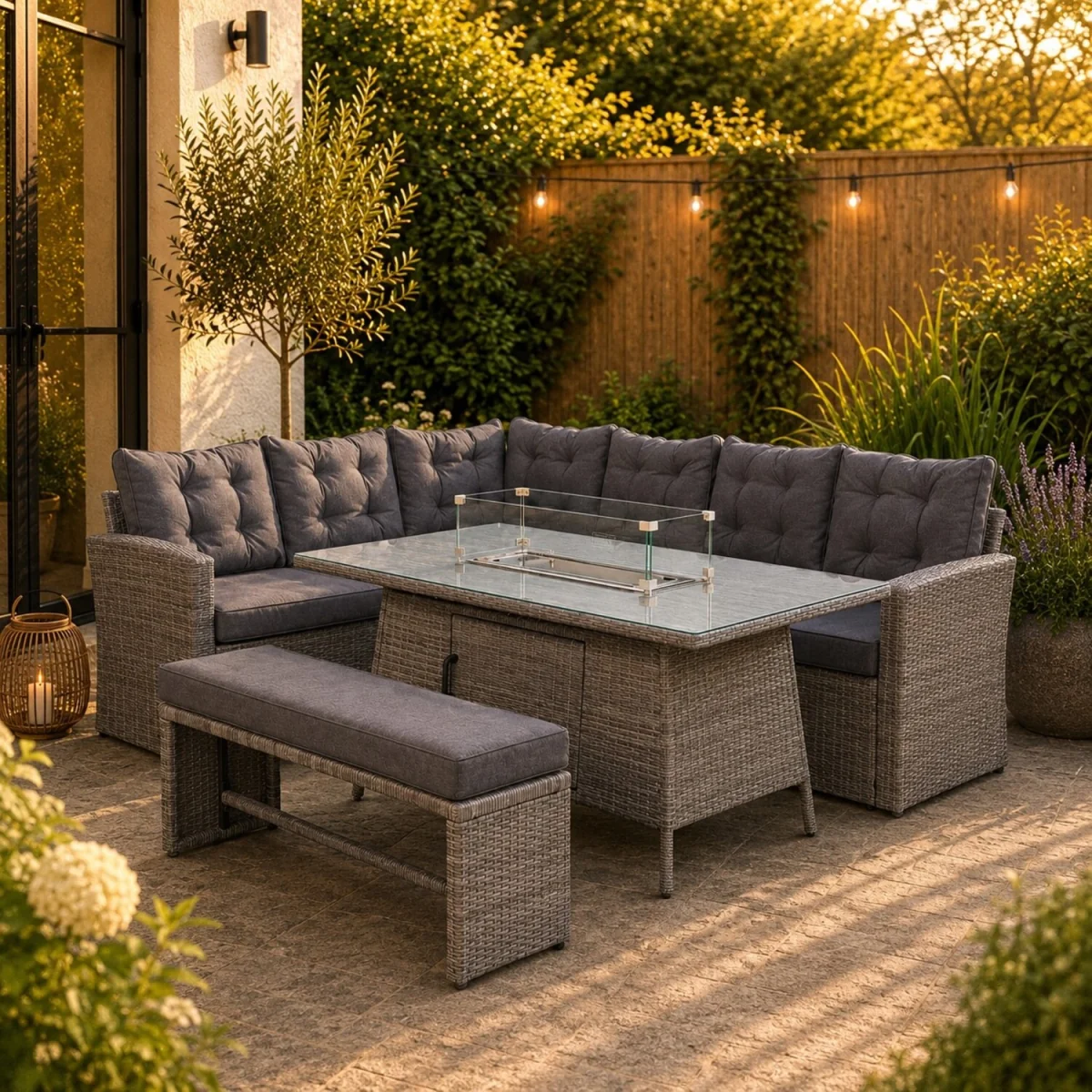 Piana 9 Seat Rattan Corner Sofa with Firepit Table and Bench - Grey – image 3