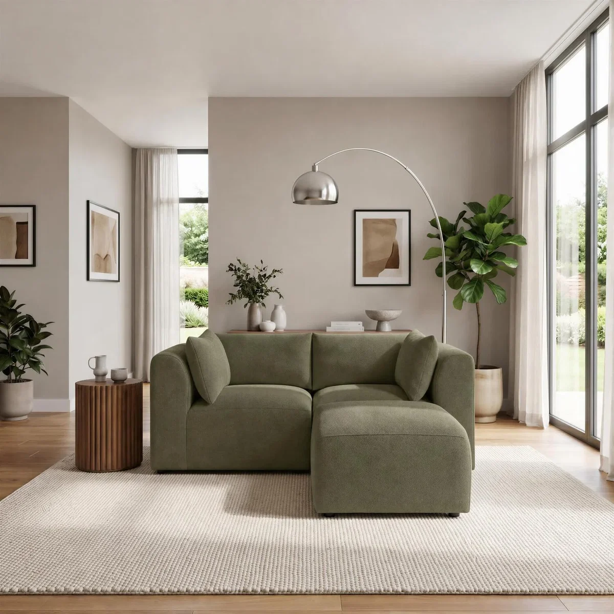 Drift Boucle Fabric 2 Seater Modular Chaise Sofa - Green – image 2