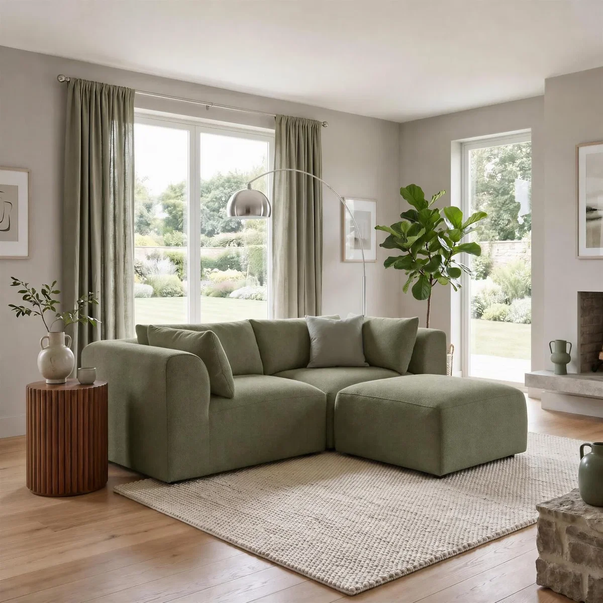Drift Boucle Fabric 2 Seater Modular Chaise Sofa - Green – image 5