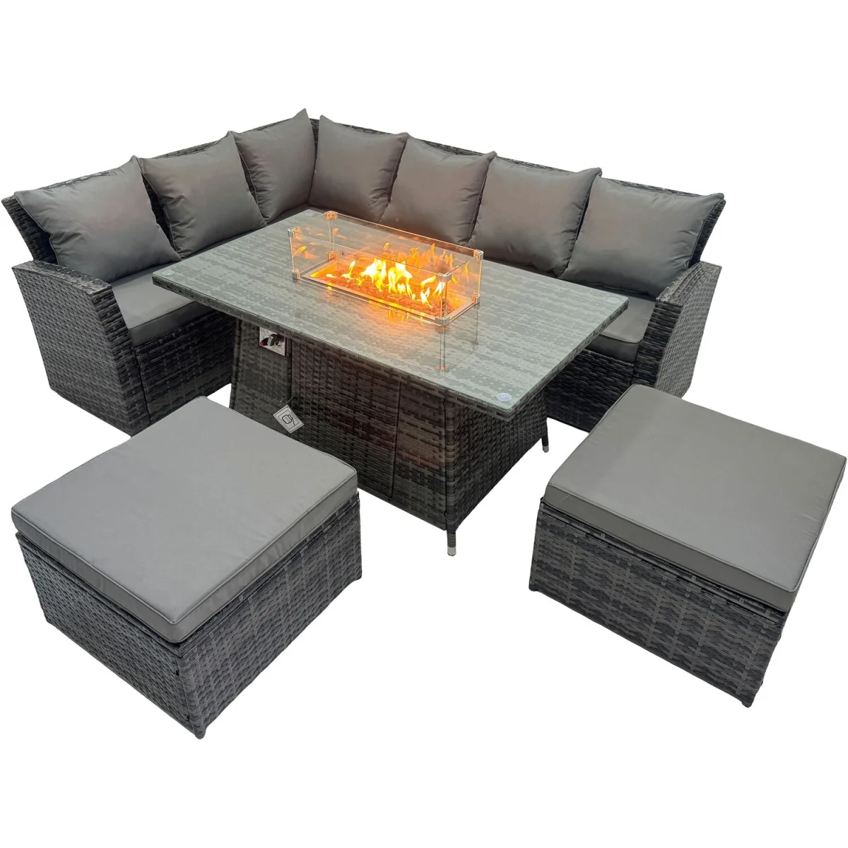 Fimous Poly Rattan Corner Sofa Set with Fire Pit Table and 2 Footstools, Dark Grey Mixed - Dark Grey Mixed – image 4