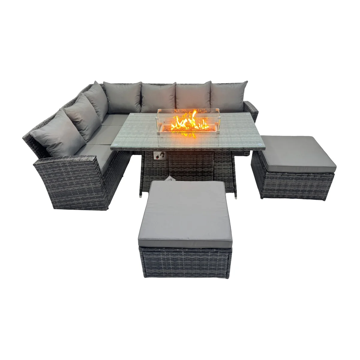 Fimous Poly Rattan Corner Sofa Set with Fire Pit Table and 2 Footstools, Dark Grey Mixed - Dark Grey Mixed – image 1
