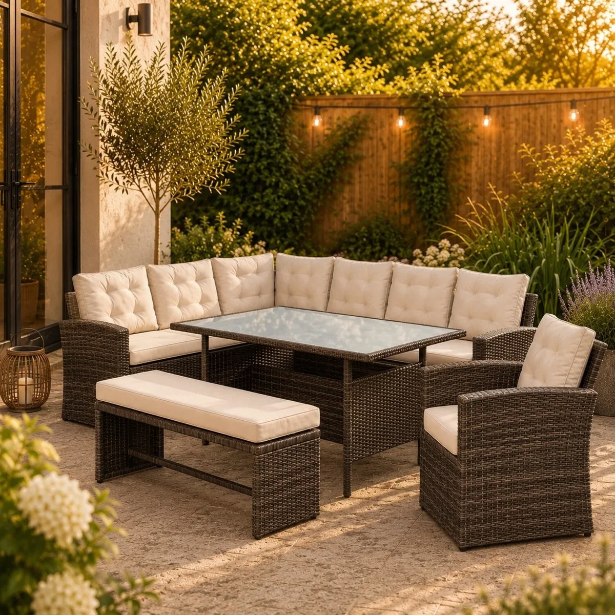 Piana 10 Seat Rattan Corner Sofa with Table, Bench and Chair - Brown & Cream – image 3