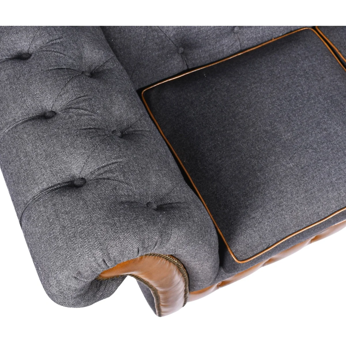 Chesterfield Genuine Real Brown Tan Leather Grey Blue Fabric Corner Chaise Sofa Solid Hard Wood - Grey – image 2