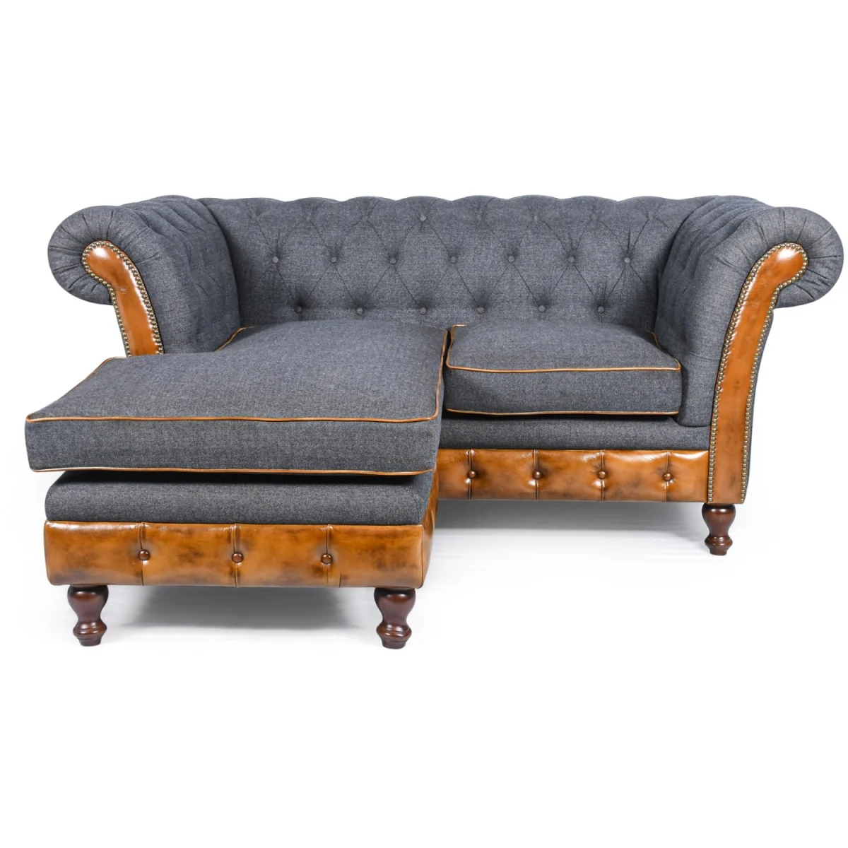 Chesterfield Genuine Real Brown Tan Leather Grey Blue Fabric Corner Chaise Sofa Solid Hard Wood - Grey – image 3