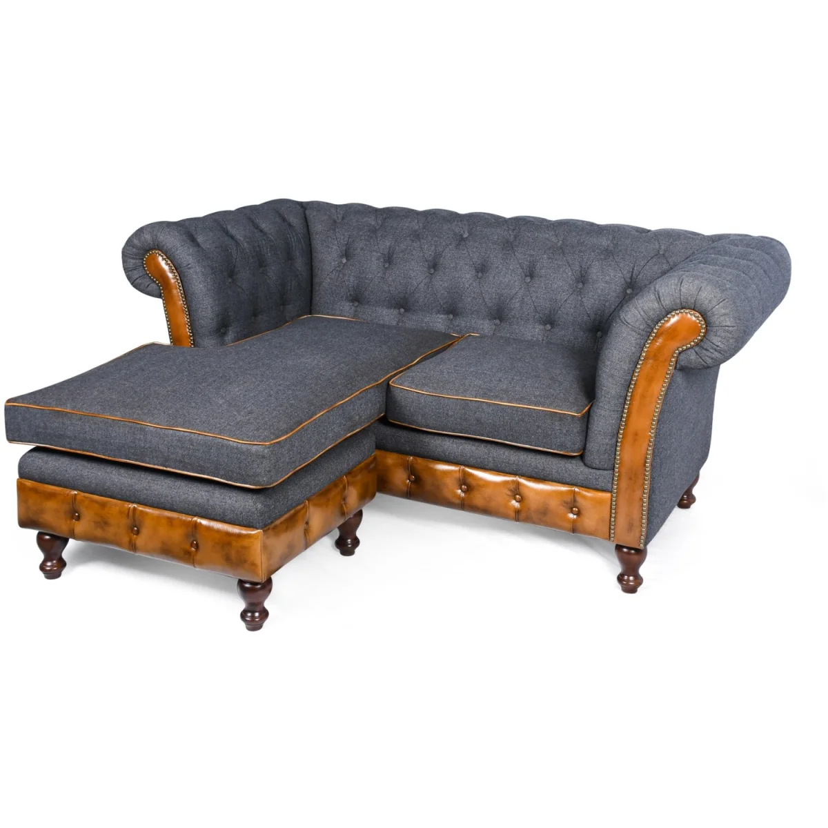 Chesterfield Genuine Real Brown Tan Leather Grey Blue Fabric Corner Chaise Sofa Solid Hard Wood - Grey – image 4