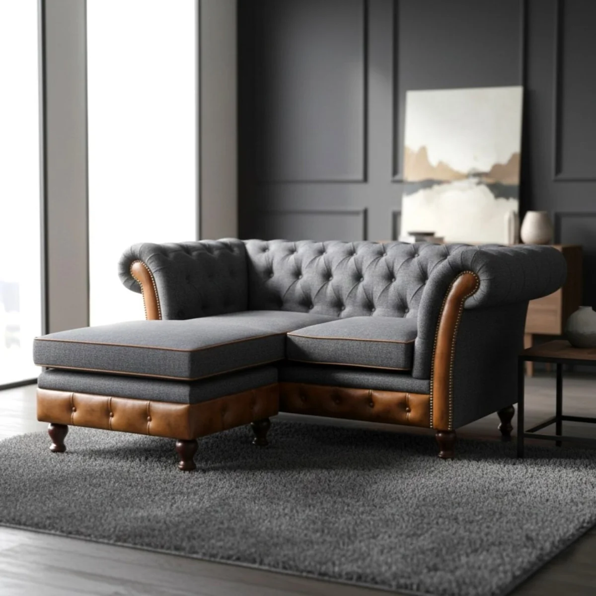 Chesterfield Genuine Real Brown Tan Leather Grey Blue Fabric Corner Chaise Sofa Solid Hard Wood - Grey – image 1