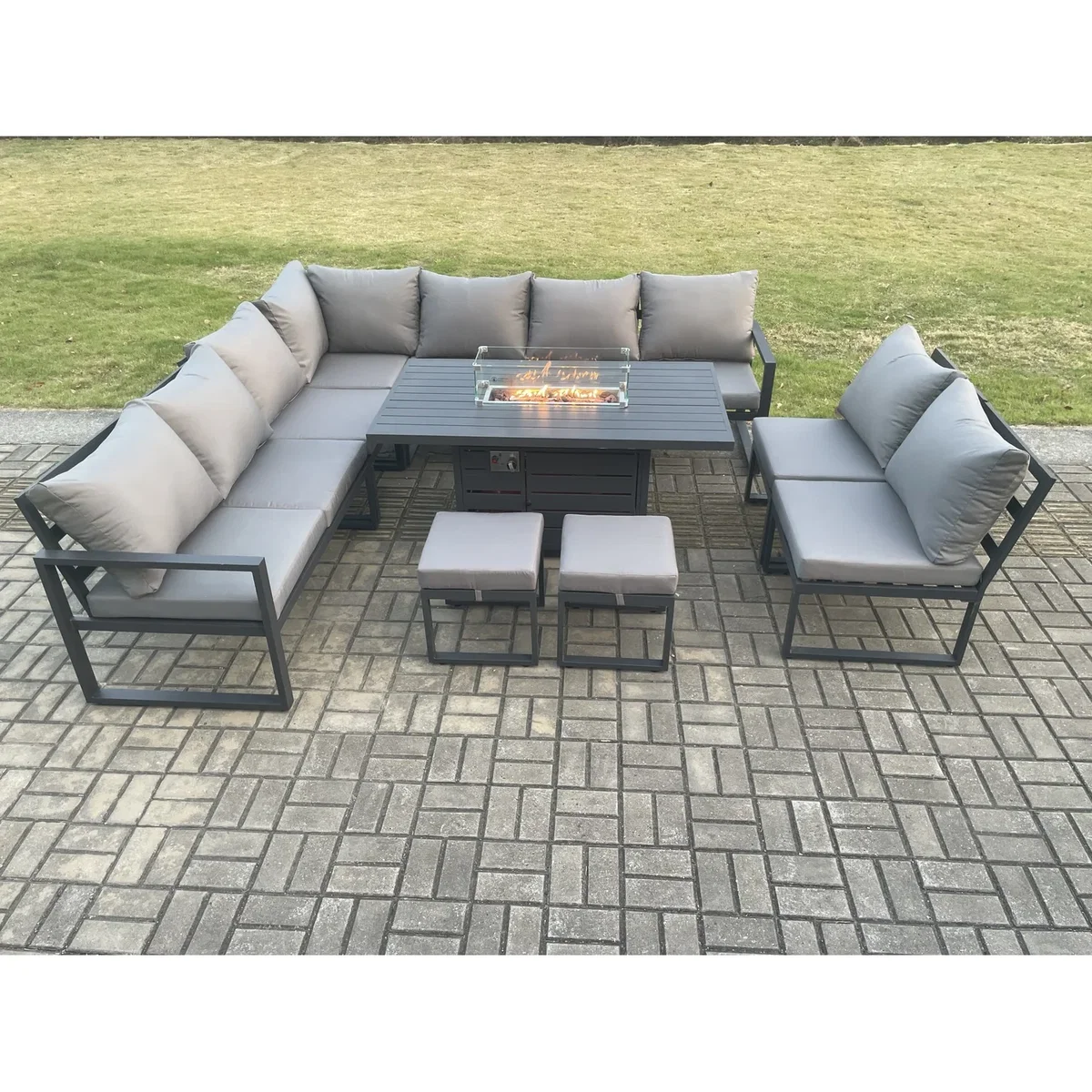 Fimous Aluminium 11-Seater Lounge Corner Sofa Set with Gas Fire Pit Dark Grey - Dark Grey – image 2