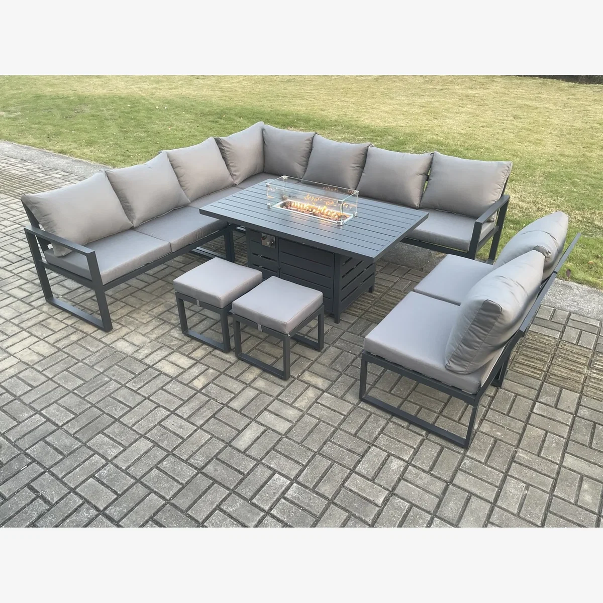 Fimous Aluminium 11-Seater Lounge Corner Sofa Set with Gas Fire Pit Dark Grey - Dark Grey – image 1