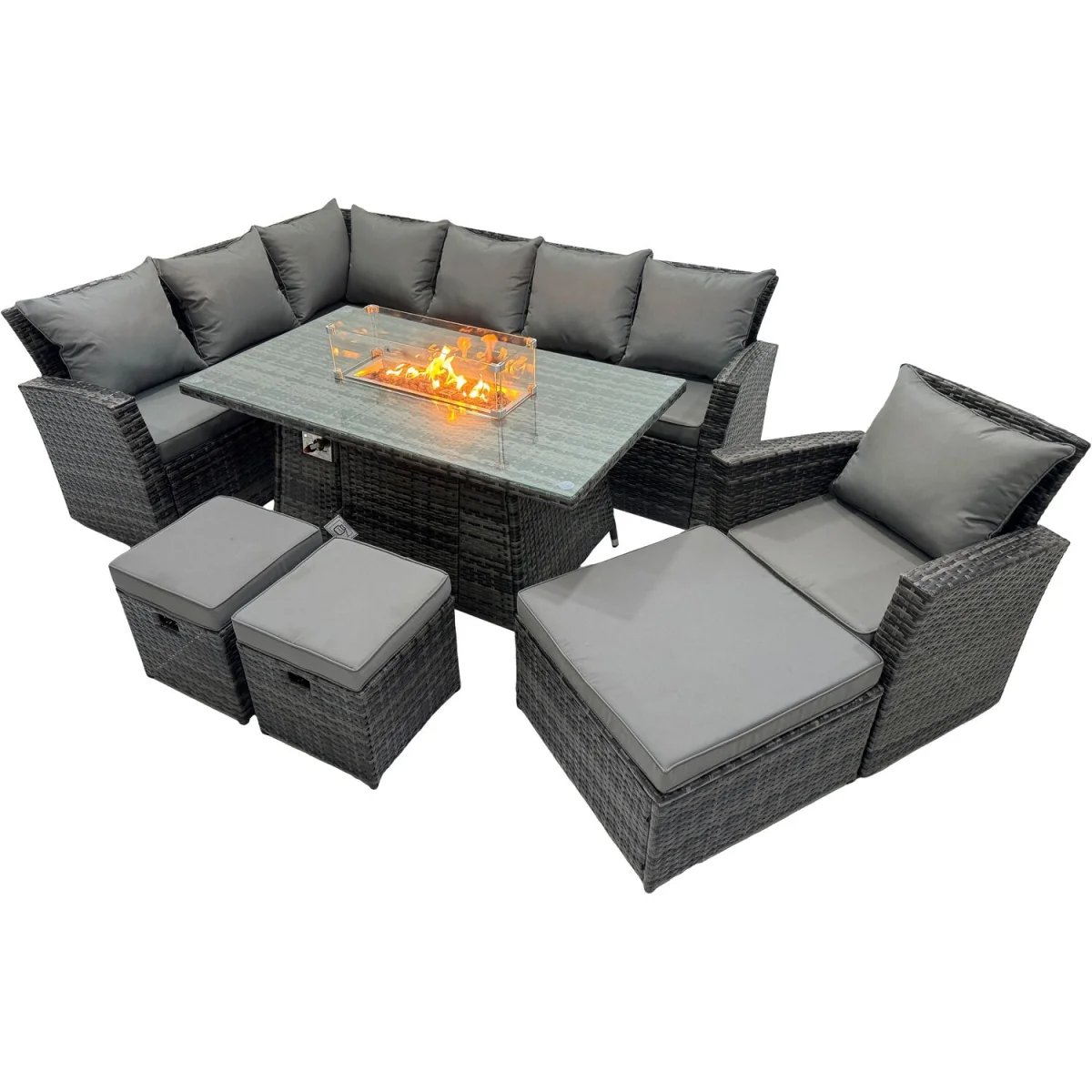 Fimous Dark Grey Mixed Rattan 7-Piece Corner Sofa Set with Gas Firepit Table - Dark grey mixed rattan with dark grey fabric – image 4