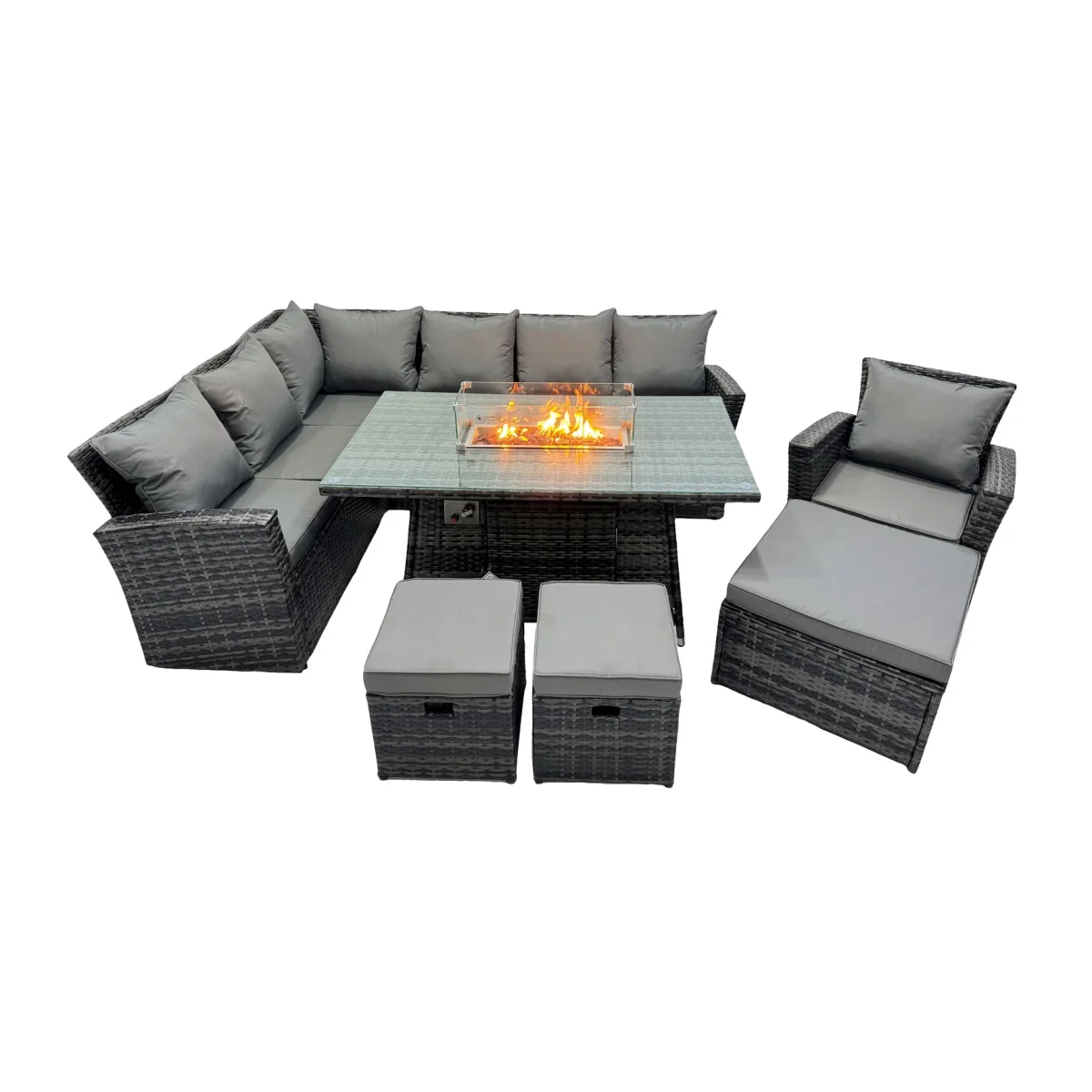 Fimous Dark Grey Mixed Rattan 7-Piece Corner Sofa Set with Gas Firepit Table - Dark grey mixed rattan with dark grey fabric – image 1