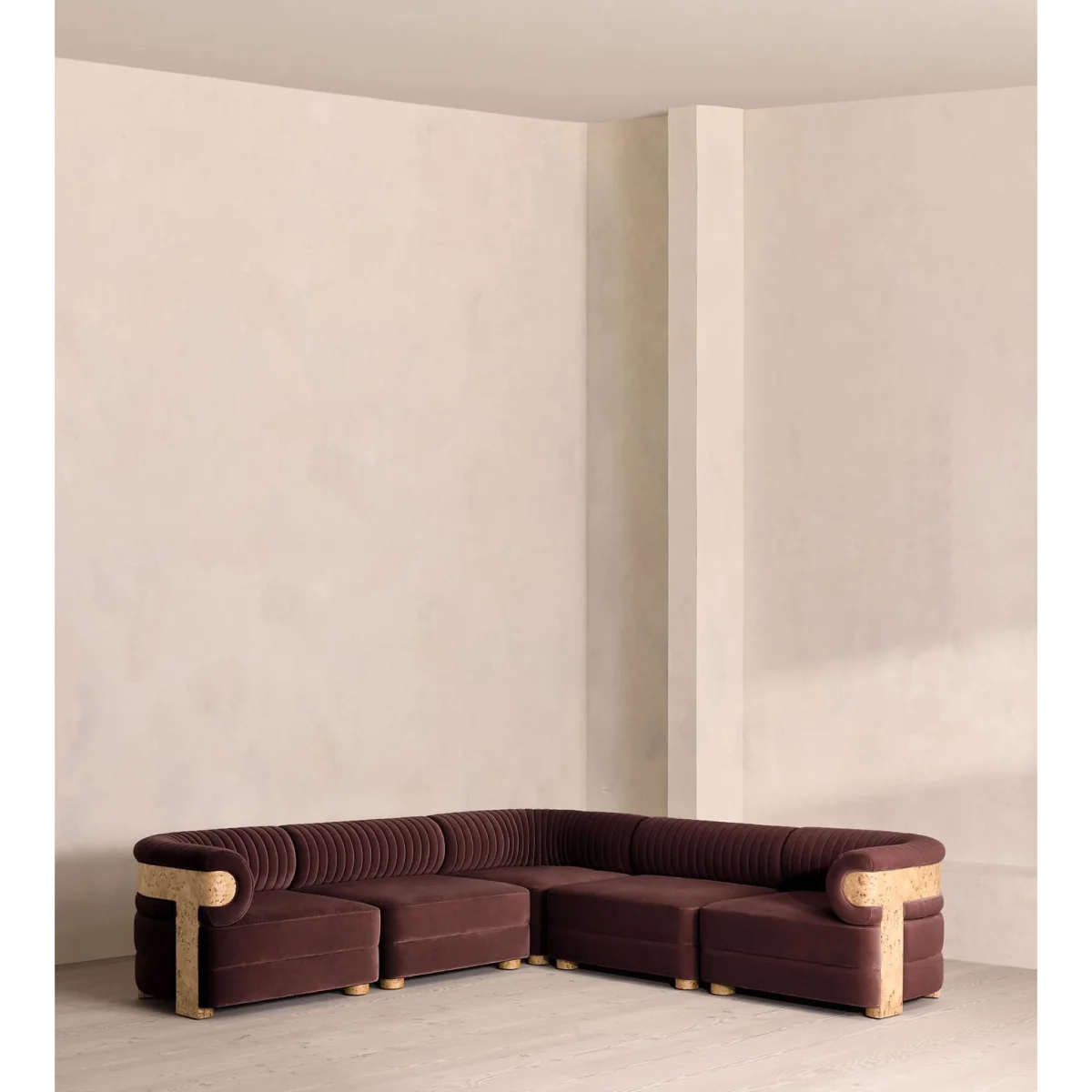 Caleb Modular Sofa, Corner Sofa, Velvet, Aubergine, Blonde Burl, UK – image 2