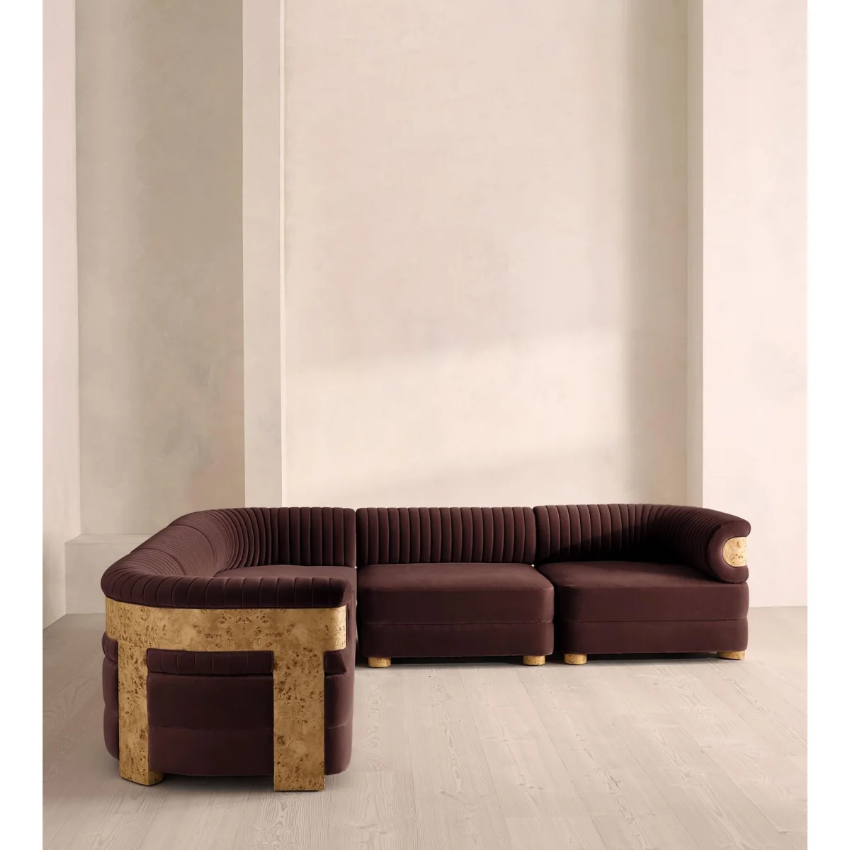 Caleb Modular Sofa, Corner Sofa, Velvet, Aubergine, Blonde Burl, UK – image 3