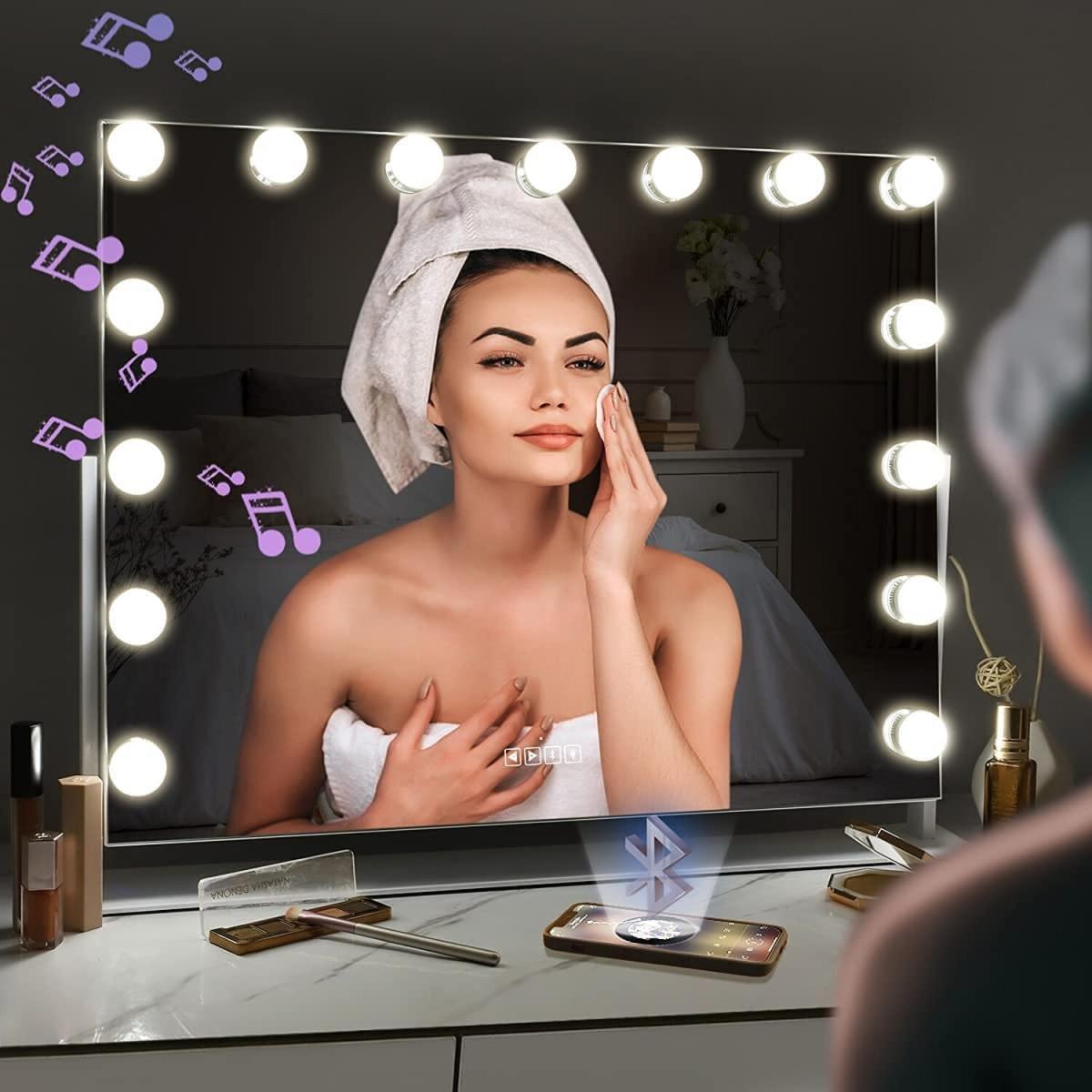 FENCHILIN Hollywood LED Vanity Mirror with Bluetooth Rotating Light Up Mirror - Metal White – image 3