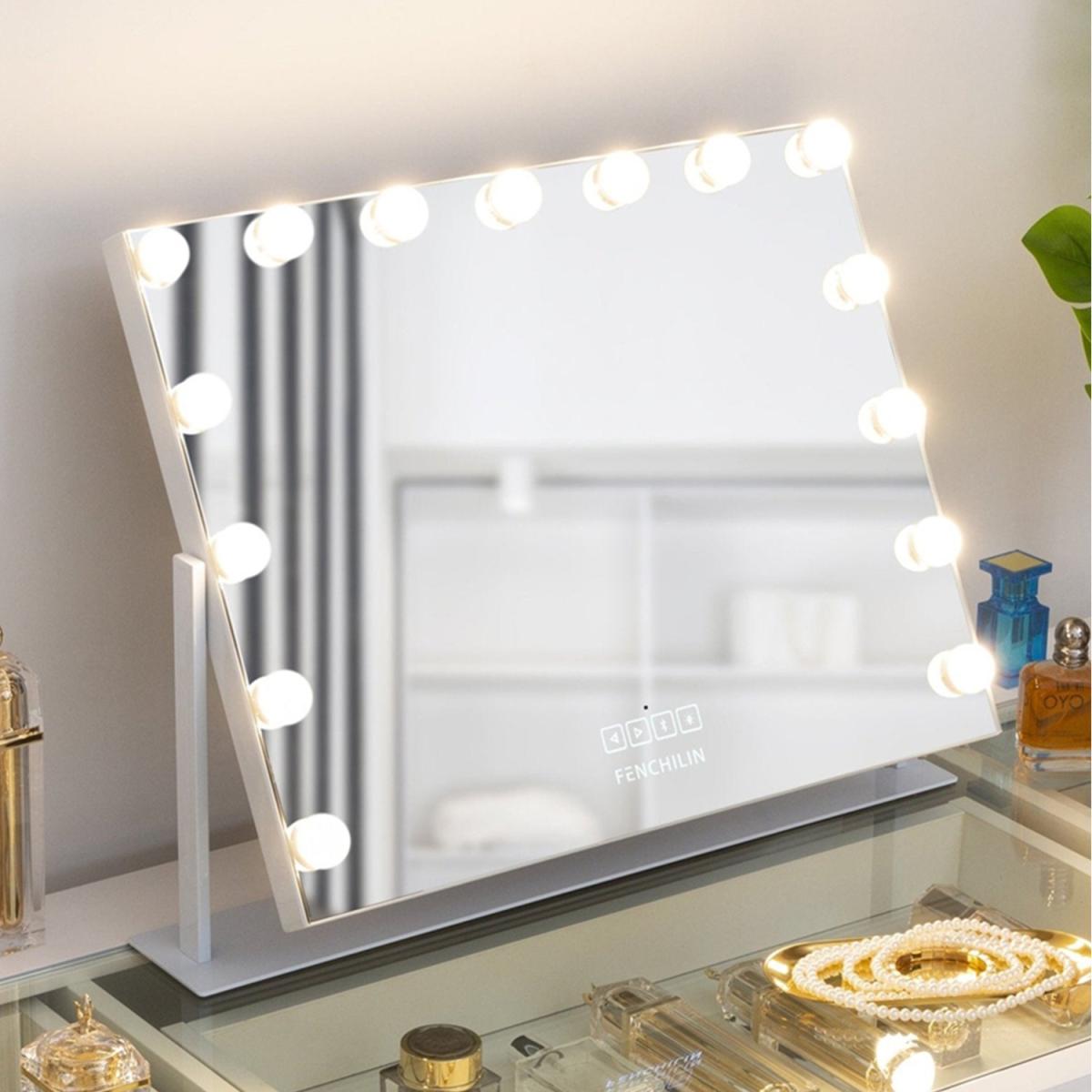 FENCHILIN Hollywood LED Vanity Mirror with Bluetooth Rotating Light Up Mirror - Metal White – image 8