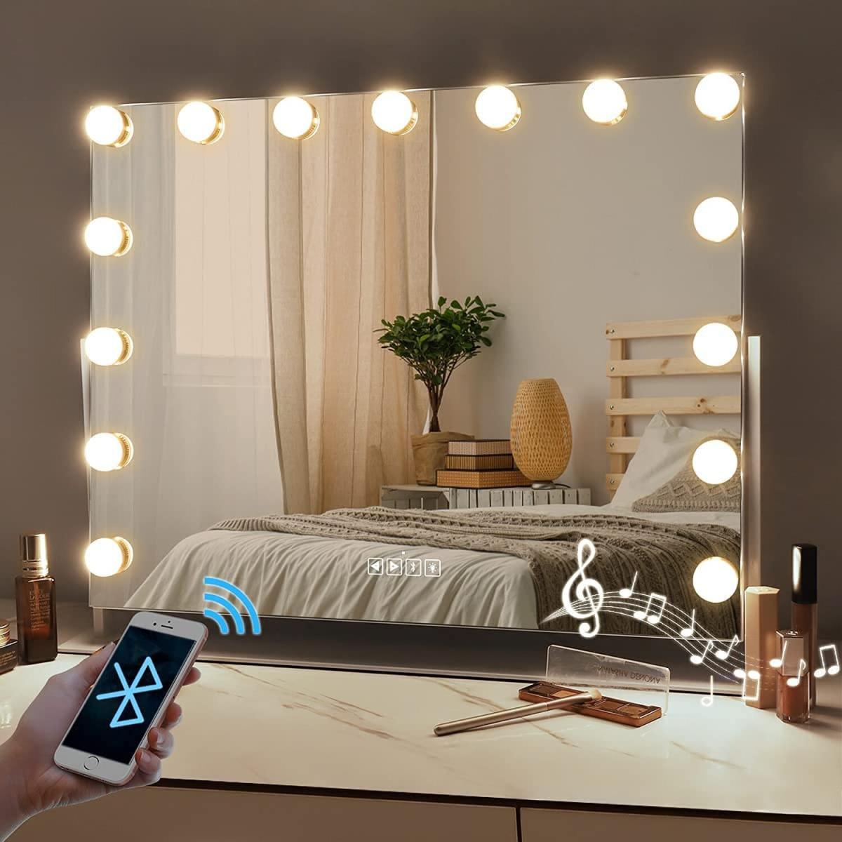 FENCHILIN Hollywood LED Vanity Mirror with Bluetooth Rotating Light Up Mirror - Metal White – image 1