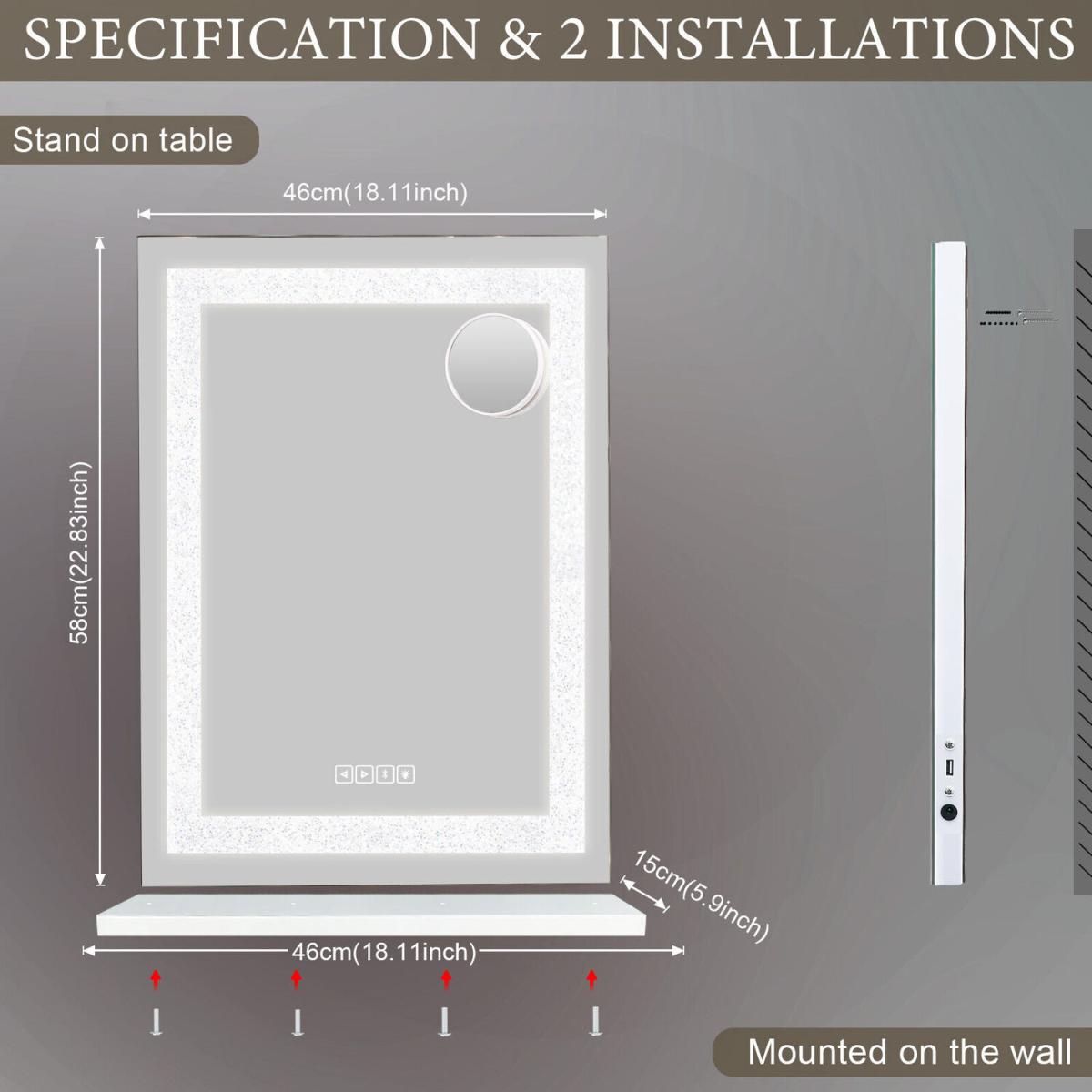 FENCHILIN Bluetooth Hollywood Vanity Mirror with Lights Crystal Light Up 60CM - Metal White – image 3