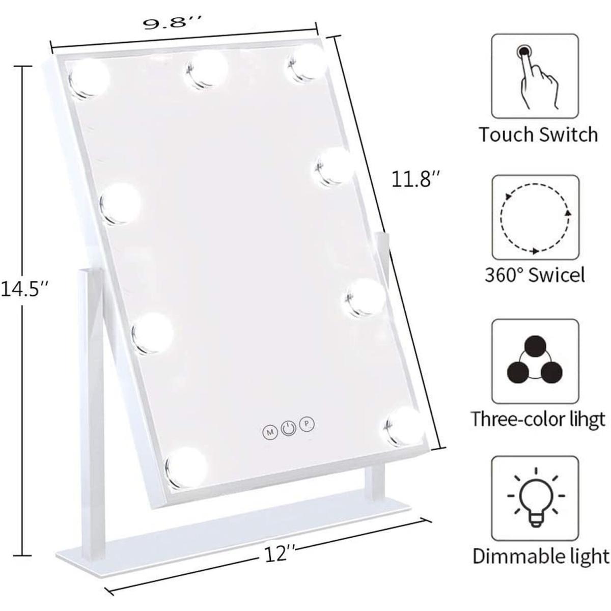 Hollywood Make Up Mirror with Lights Tabletop 9 LED Vanity Mirror 360 Rotation - Metal White – image 3