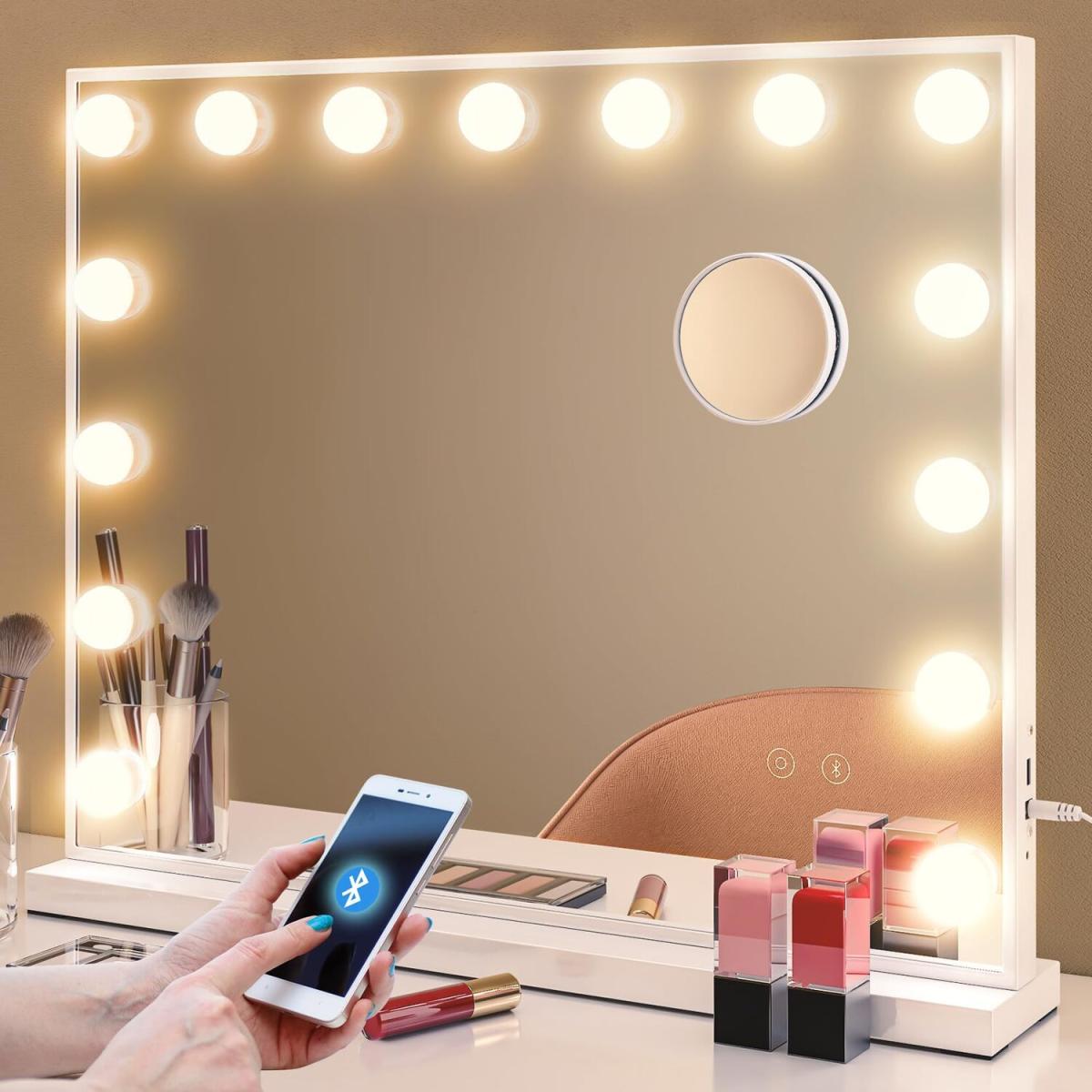 Bluetooth Hollywood Vanity Mirror with 15 LED Lights - White – image 1