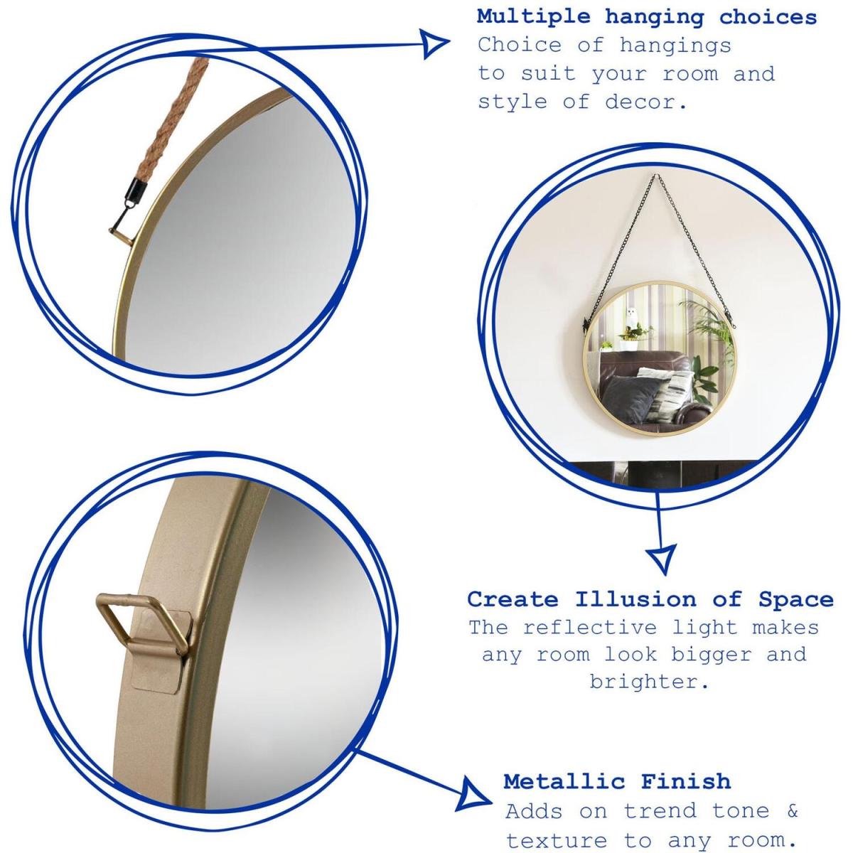 Harbour Housewares 40cm Round Metal Frame Hanging Mirror on Strap - Gold – image 3