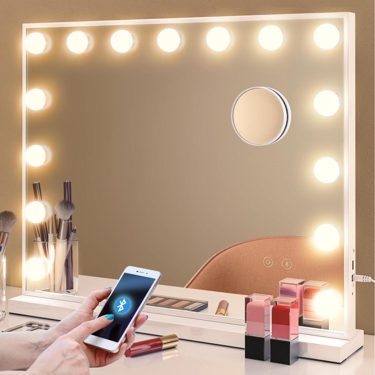 Makeup Mirror Bluetooth Speaker with 15 Dimmable Bulbs - White – image 2