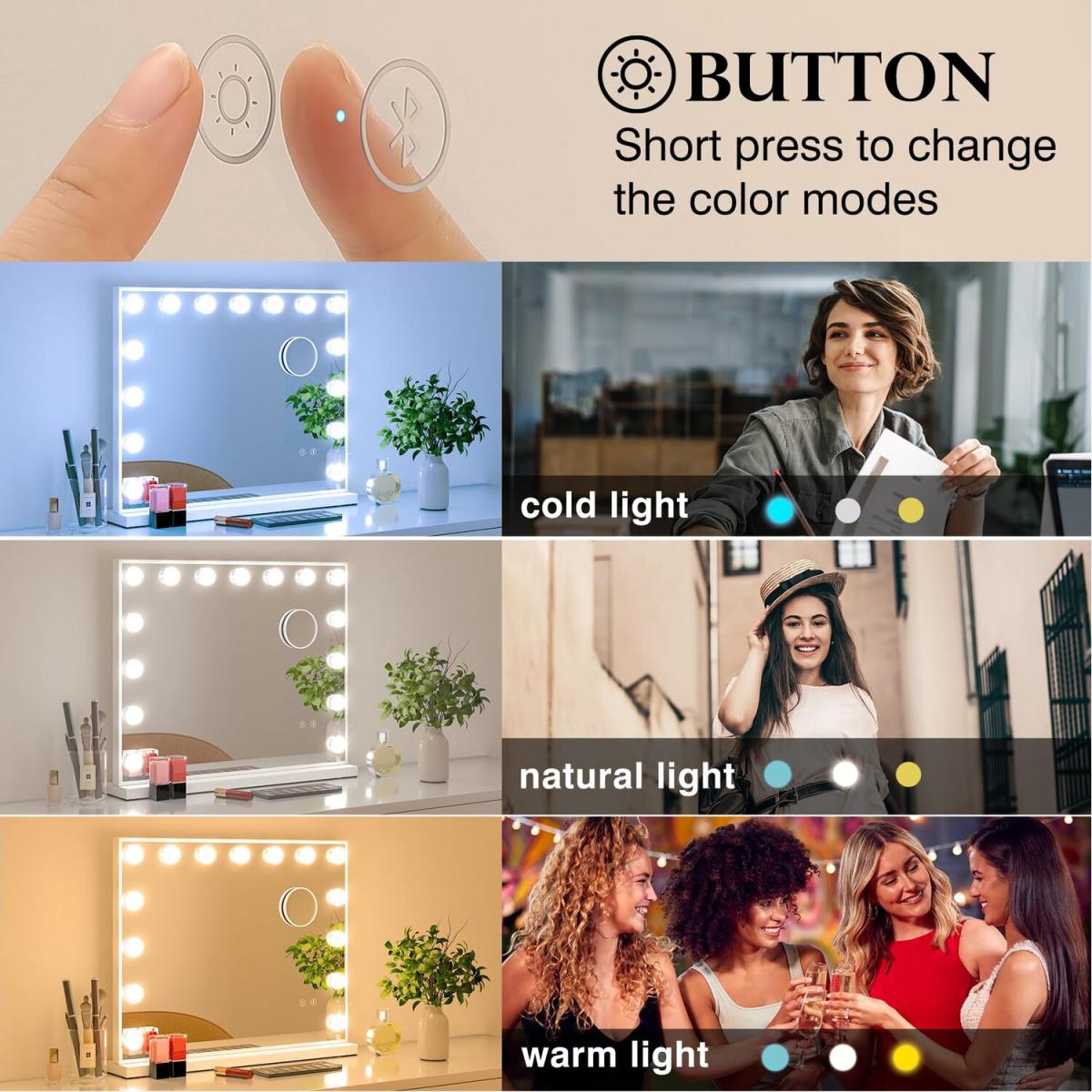 Makeup Mirror Bluetooth Speaker with 15 Dimmable Bulbs - White – image 5