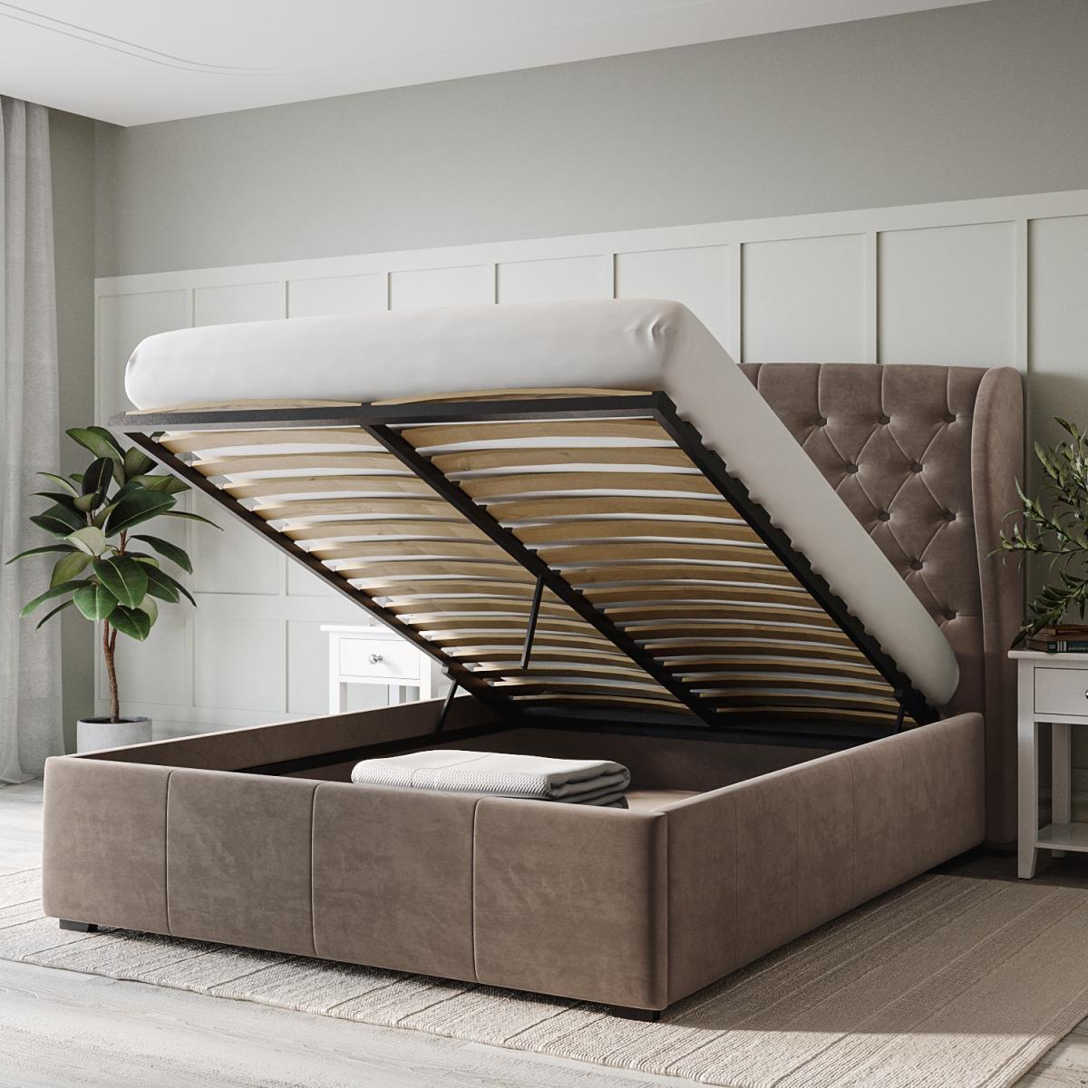 Mink Brown Velvet King Size Ottoman Bed with Blanket Box - Safina – image 6
