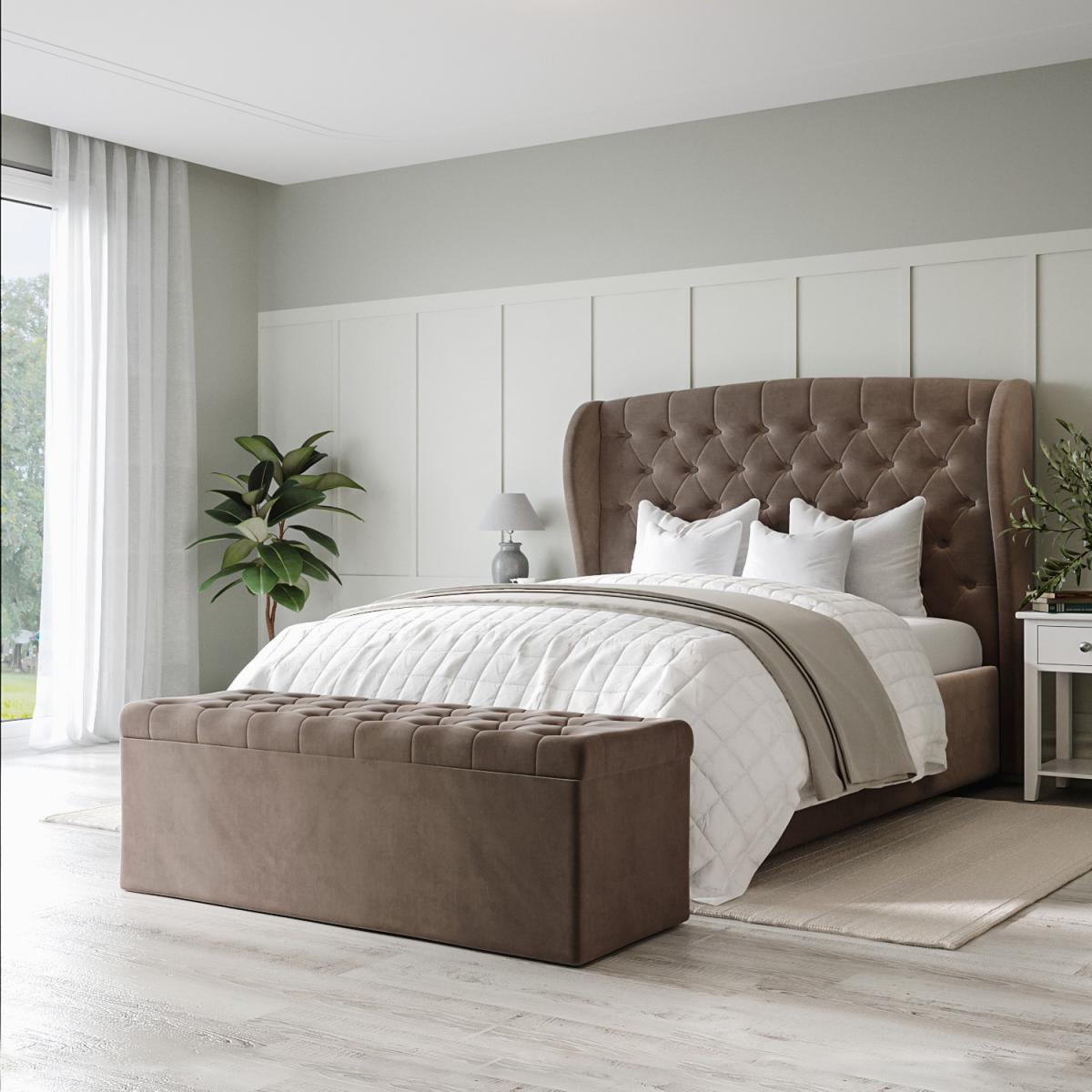 Mink Brown Velvet King Size Ottoman Bed with Blanket Box - Safina – image 1
