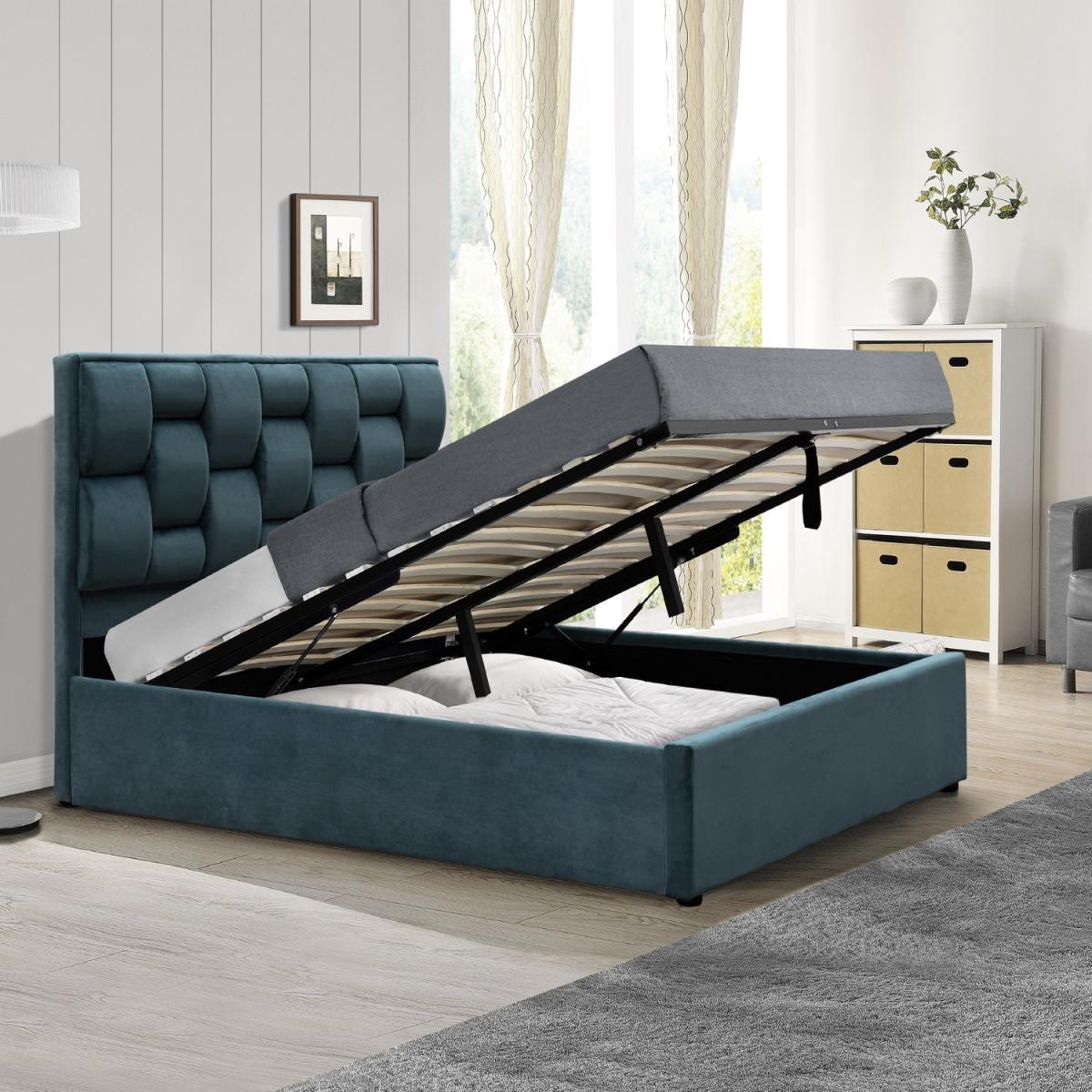 Plush Velvet Weaved Headboard Storage Ottoman Bedframe in Blue - King – image 2