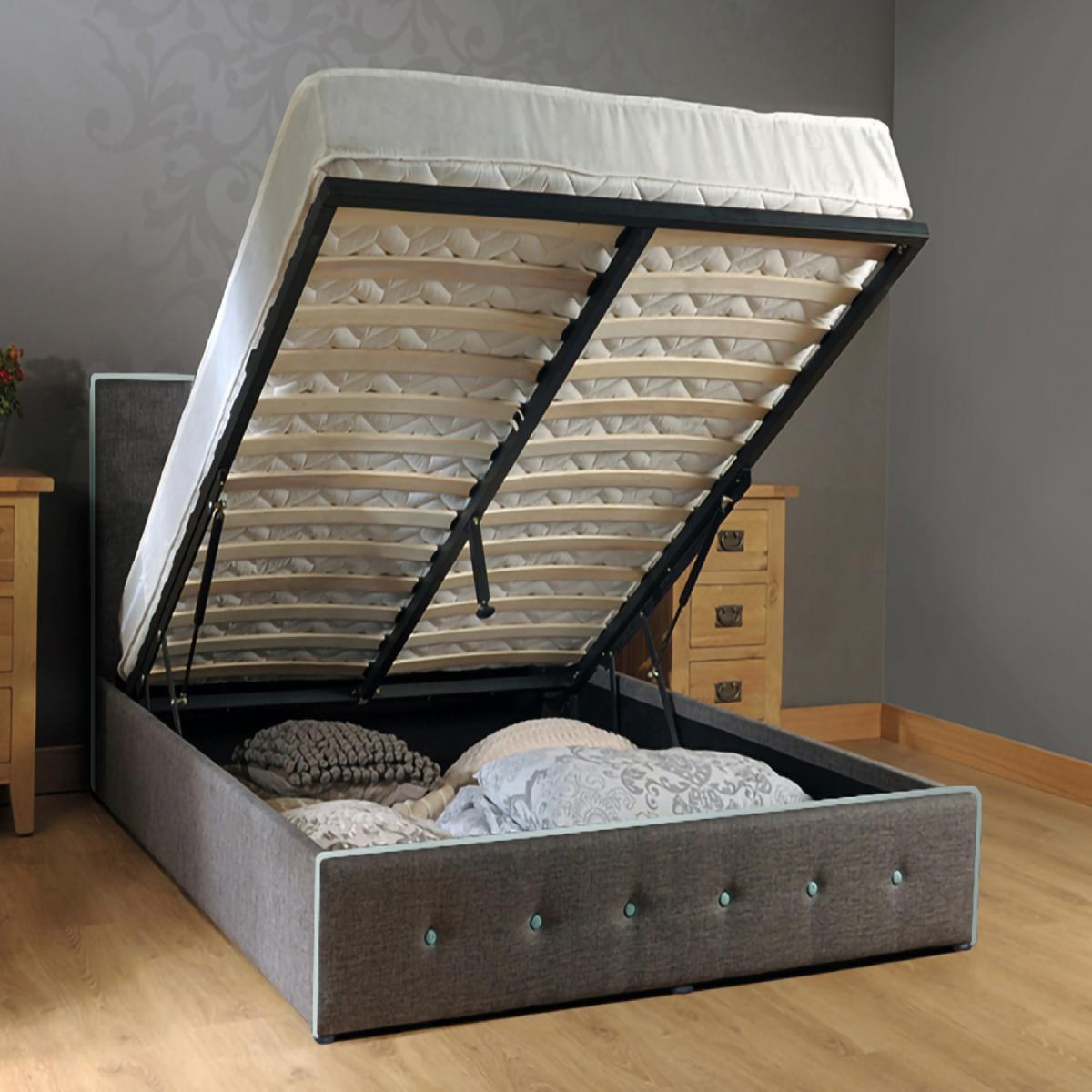 Fabric Ottoman Bed Frame with Contrasting Teal Buttons - King – image 2