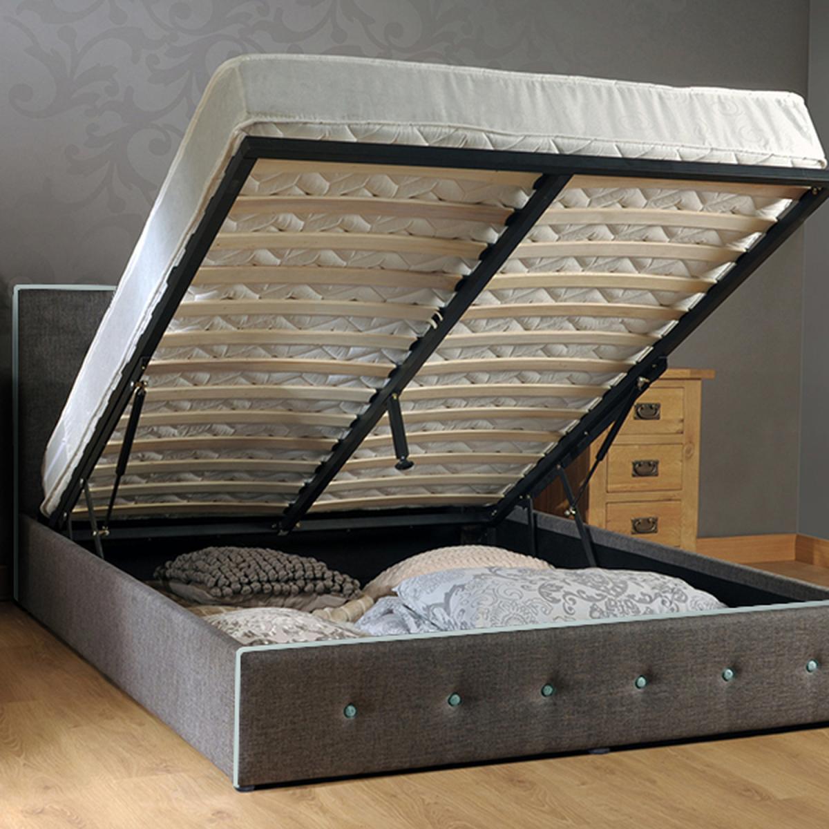 Fabric Ottoman Bed Frame with Contrasting Teal Buttons - King – image 3