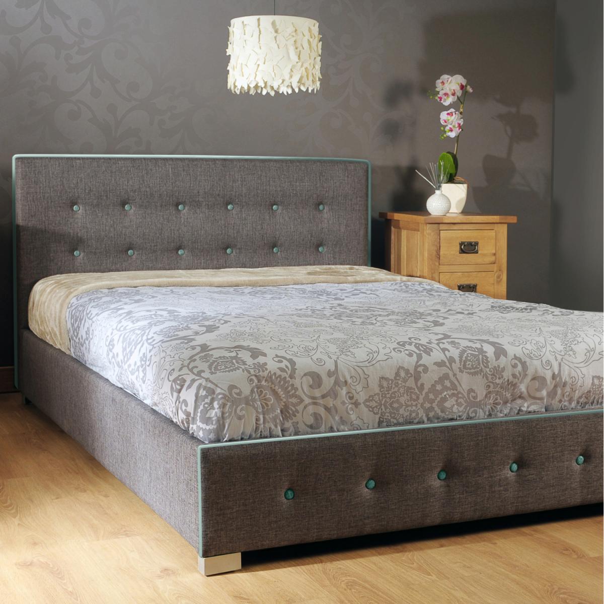 Fabric Ottoman Bed Frame with Contrasting Teal Buttons - King – image 4