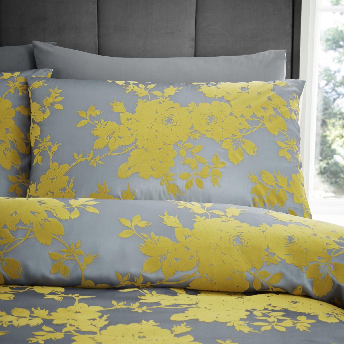 Catherine Lansfield Velvet Rose Ochre and Silver Duvet Cover and Pillowcase Set Ochre (Yellow) – image 2
