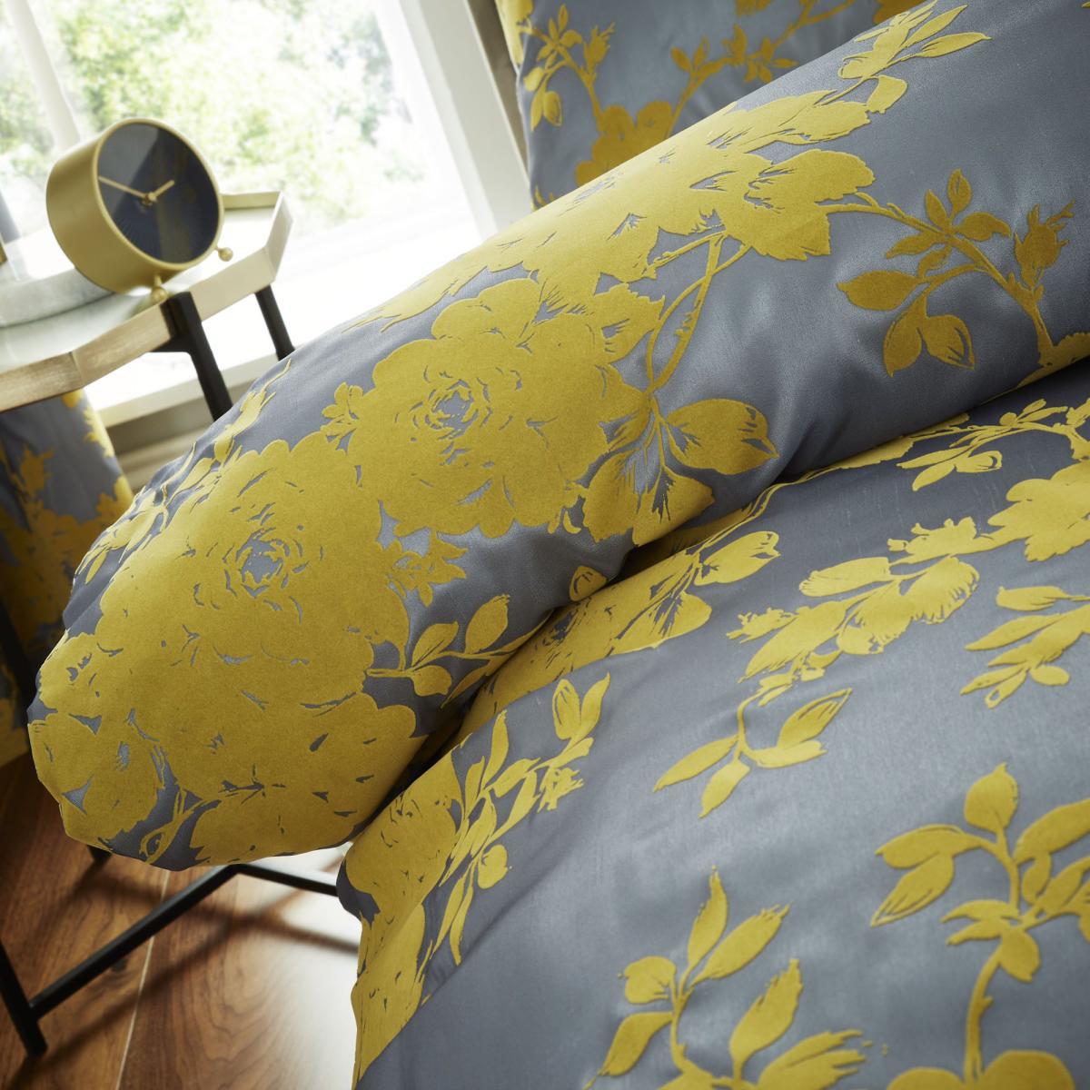 Catherine Lansfield Velvet Rose Ochre and Silver Duvet Cover and Pillowcase Set Ochre (Yellow) – image 4