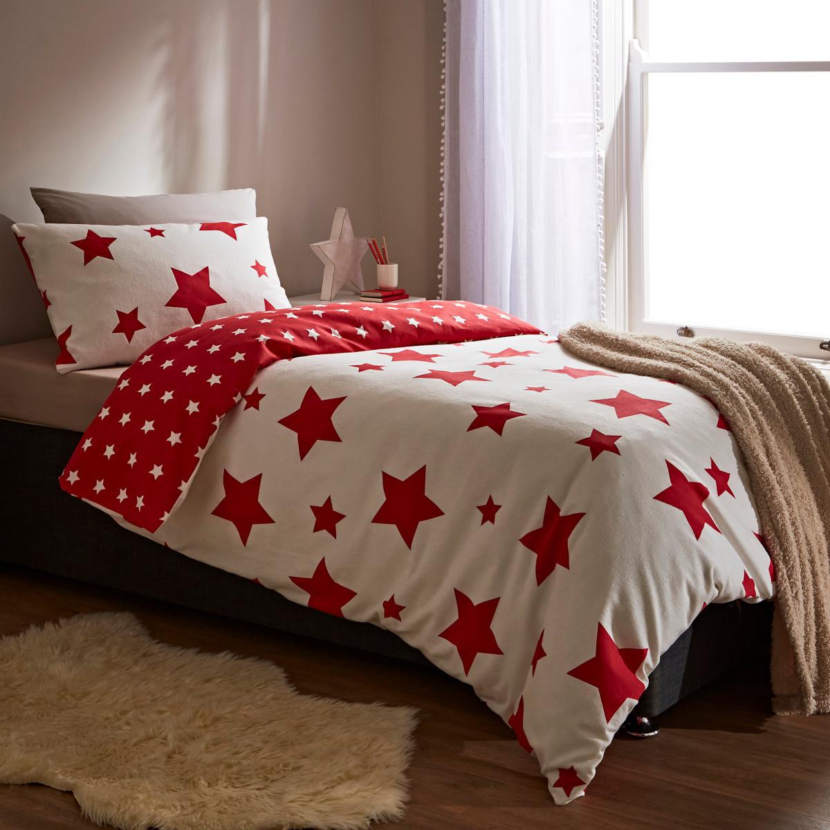 Red Stars 100% Brushed Cotton Reversible Duvet Cover and Pillowcase Set White – image 2