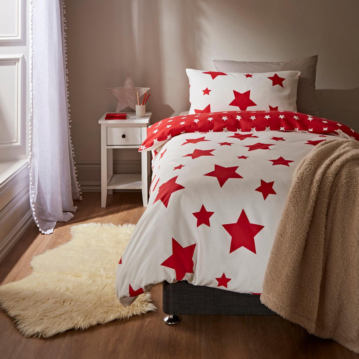 Red Stars 100% Brushed Cotton Reversible Duvet Cover and Pillowcase Set White – image 1
