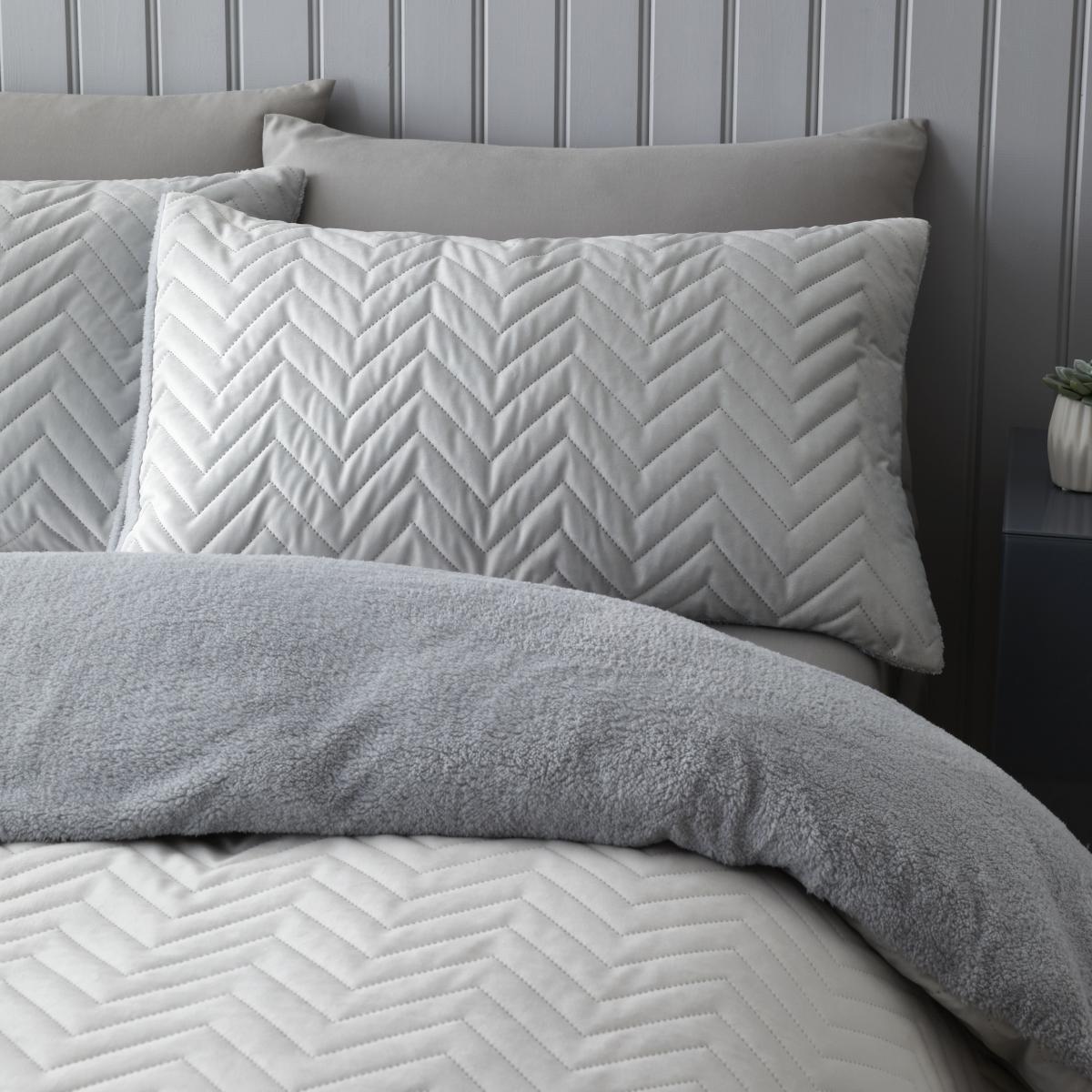 Catherine Lansfield Silver So Soft Velvet Touch Zig Zag Pinsonic Duvet Cover and Pillowcase Set Silver – image 2