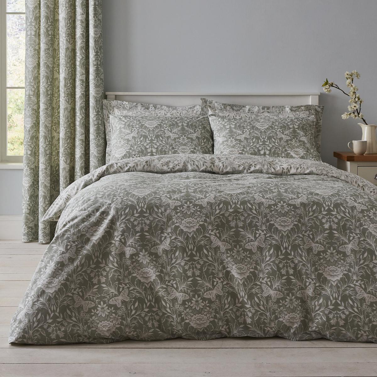 Evesham 100% Cotton Green Duvet Cover and Pillowcase Set Green and White – image 2