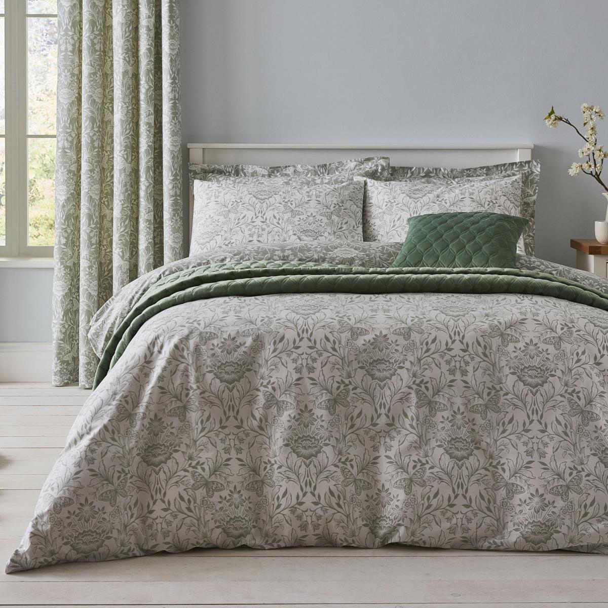 Evesham 100% Cotton Green Duvet Cover and Pillowcase Set Green and White – image 3
