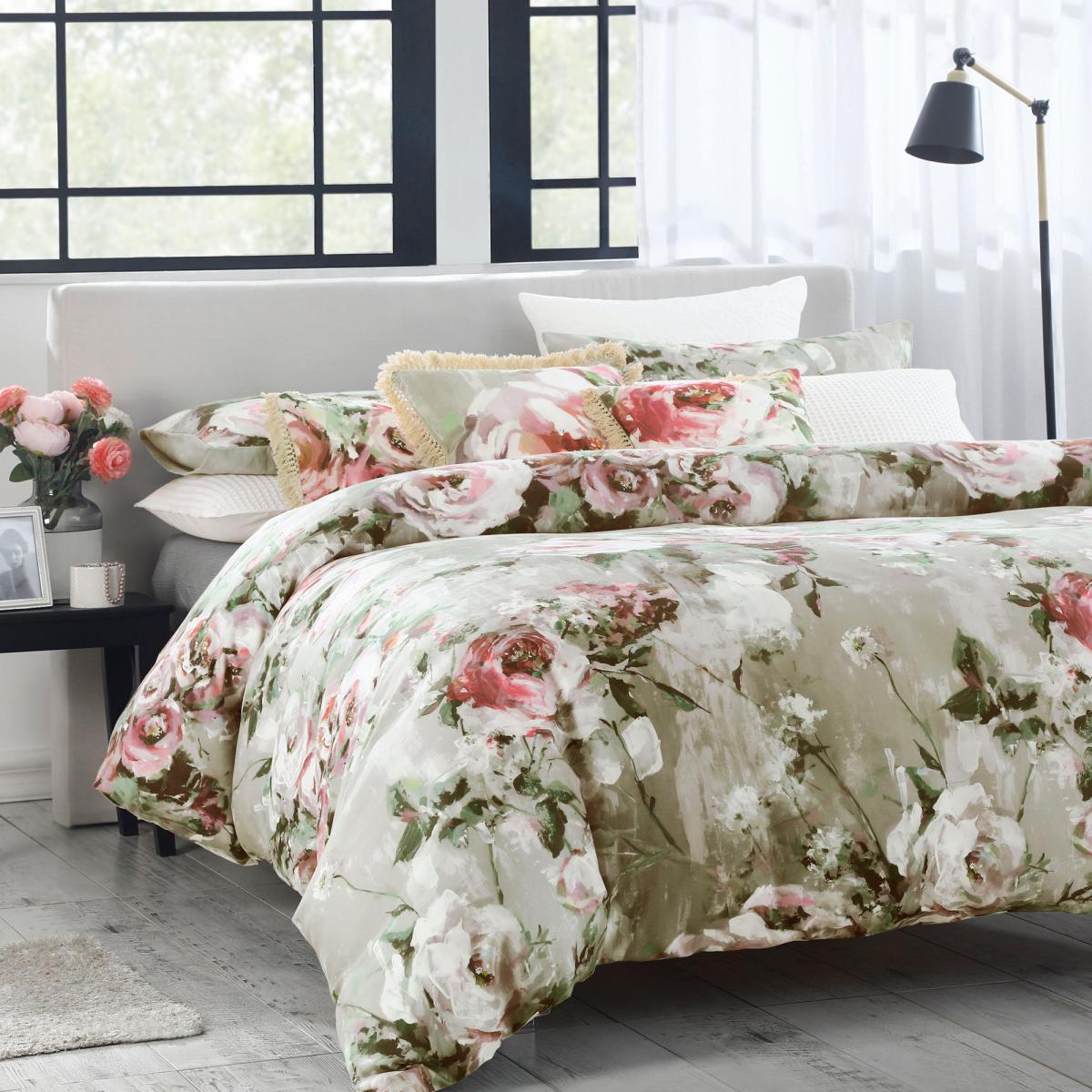 Avery Green Odette Floral Natural 100% Cotton Sateen Duvet Cover and Pillowcase Set Natural (Brown) – image 1