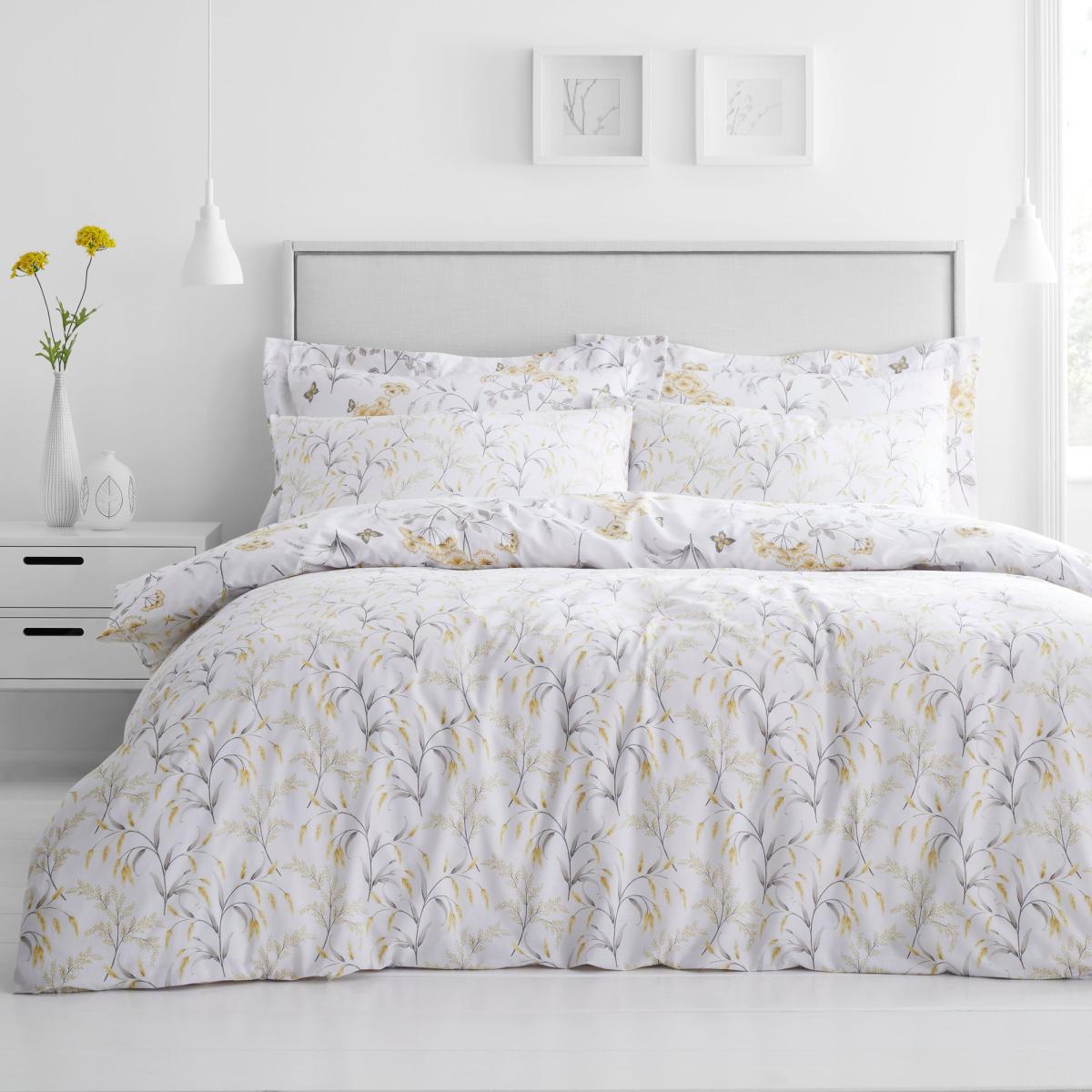 Maria Ochre Reversible Floral Duvet Cover and Pillowcase Set White – image 2
