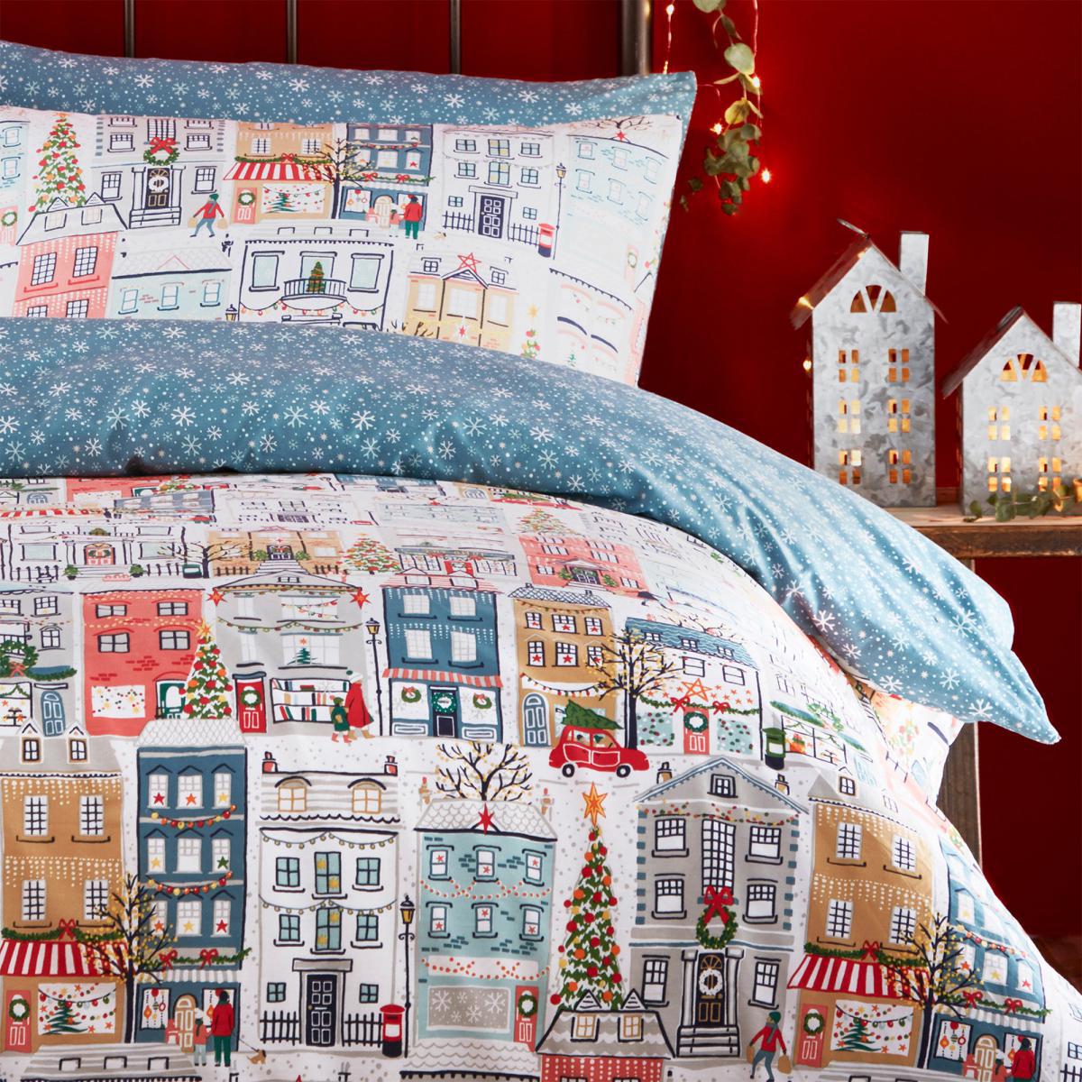 Furn. Festive Town Reversible Duvet Cover and Pillowcase Set Red, Blue and White – image 2