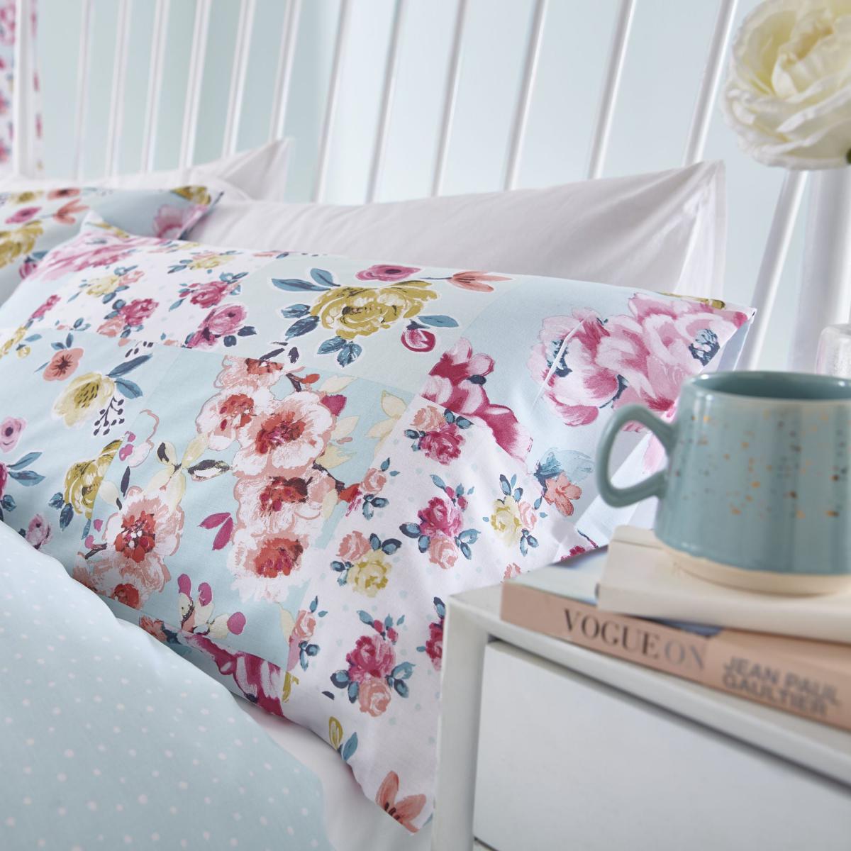 Catherine Lansfield Flower Patchwork Duck Egg Duvet Cover and Pillowcase Set Duck Egg (Blue) – image 2